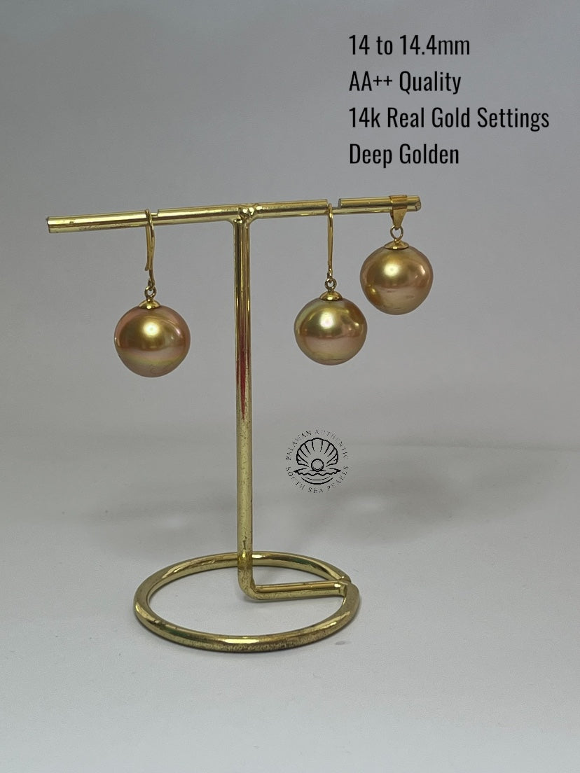 14 to 14.4mm Palawan Authentic Deep Golden Color South Sea Pearl Sets in 14k Real Gold Settings