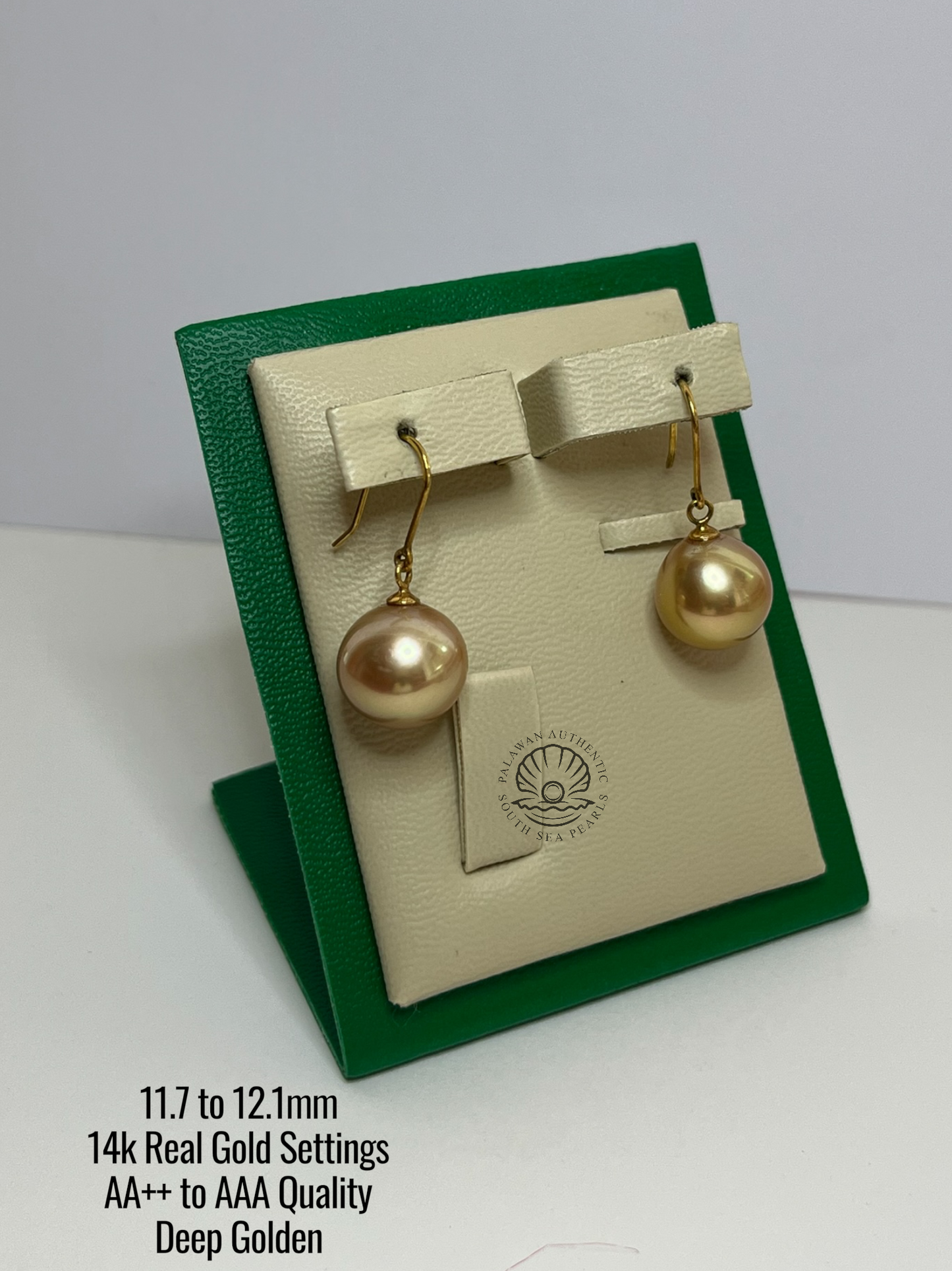 11.7 to 12.1mm Palawan Authentic Deep Golden Color South Sea Pearl Earrings in 14k Real Gold Settings