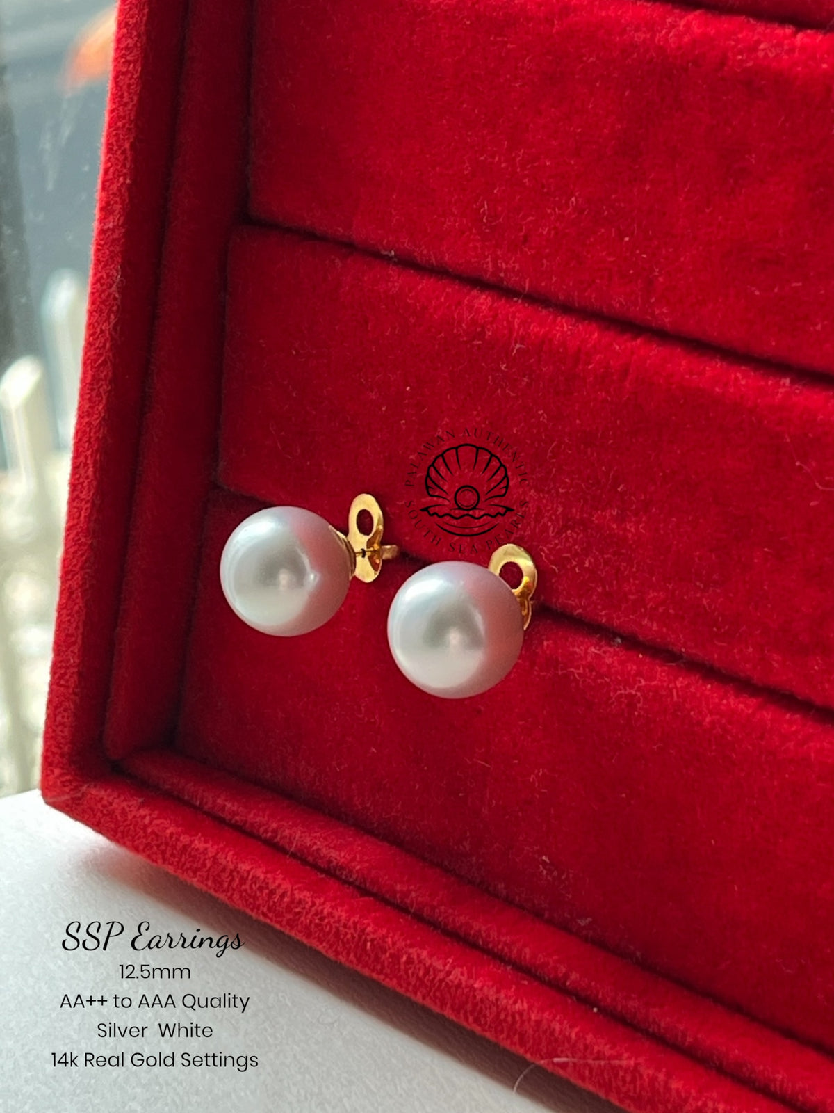 12.5mm Palawan Authentic Silver White Color South Sea Pearl Earrings in 14k Real Gold Settings