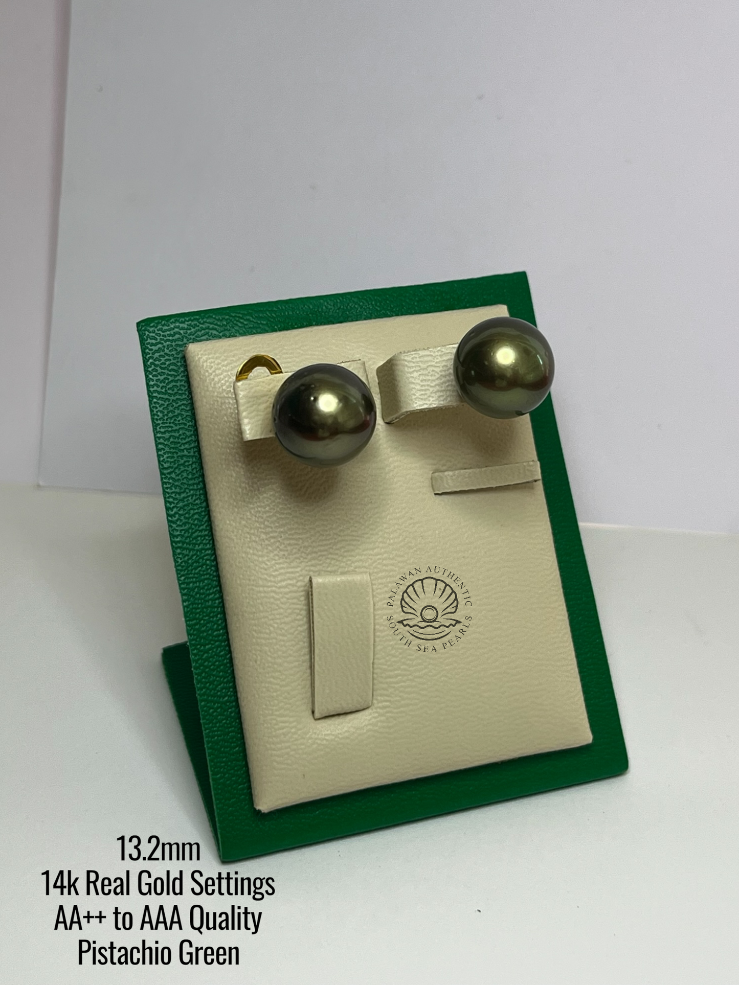 13.2mm Palawan Authentic Pistachio Green Color South Sea Pearl in 14k Real Gold Settings