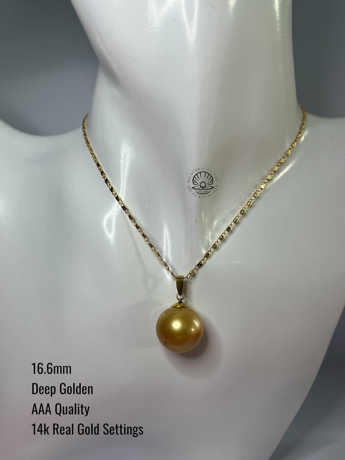 16.6mm Palawan Authentic Golden Color South Sea Pearl Pendant in 14k Real Gold Settings