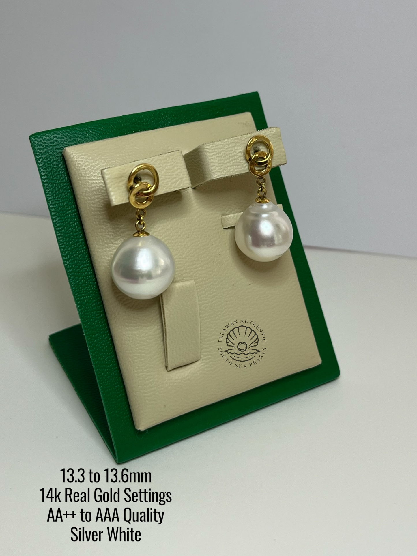 13.3 to 13.6mm Palawan Authentic Silver White Color South Sea Pearl in 14k Real Gold Settings
