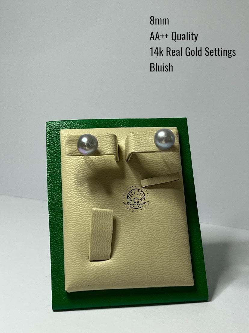 8mm Palawan Authentic Bluish Color South Sea Pearl Earrings in 14k Real Gold Settings