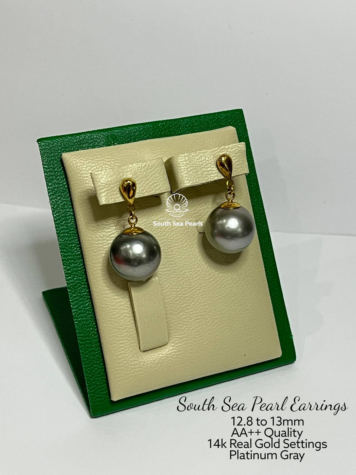 12.8 to 13mm Palawan Authentic Platinum Color South Sea Pearl Earrings in 14k Real Gold Settings