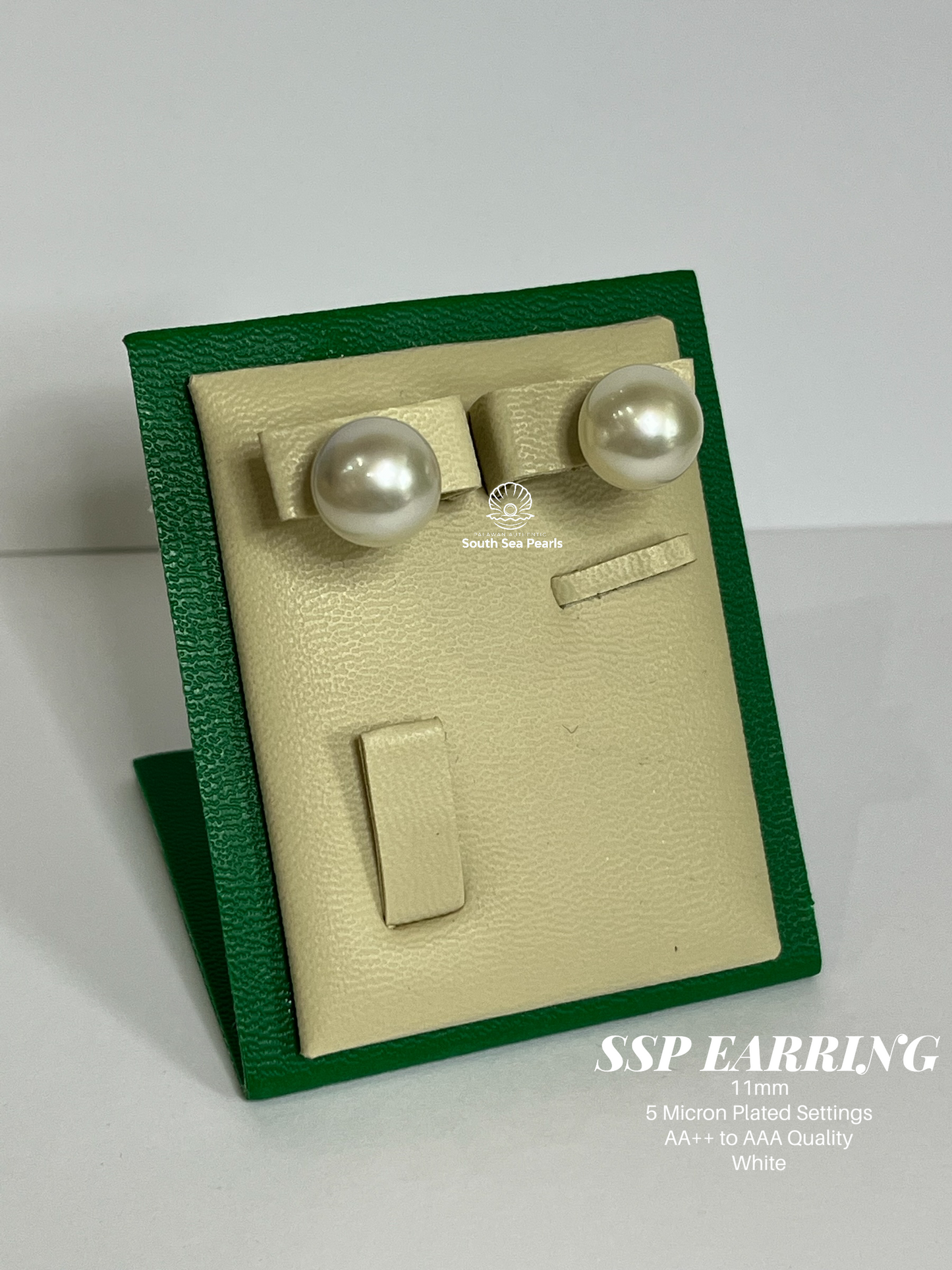 11mm Palawan Authentic White Color South Sea Pearl Earrings in Micron Plated Settings
