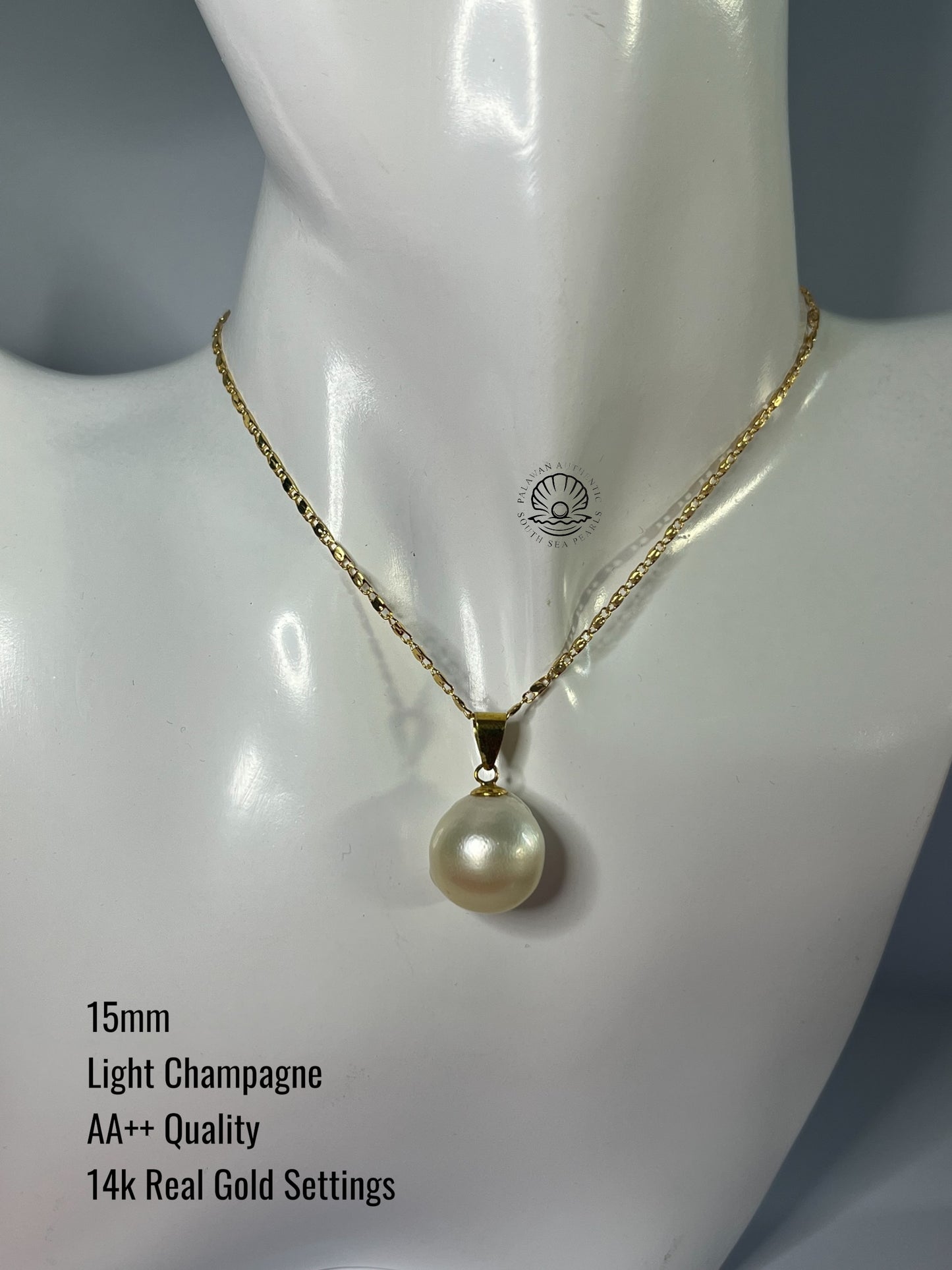 15mm Palawan Authentic Light Champagne Color South Sea Pearl Pendant in 14k Real Gold Settings