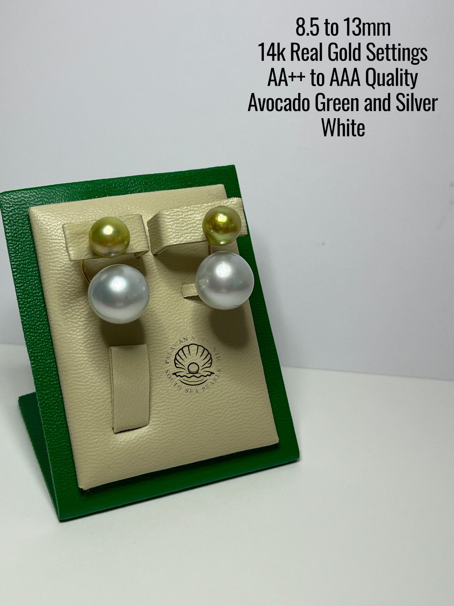 8.5 to 13mm Palawan Authentic Avocado Green and Silver White Color South Sea Pearl Earrings in 14k Real Gold Settings