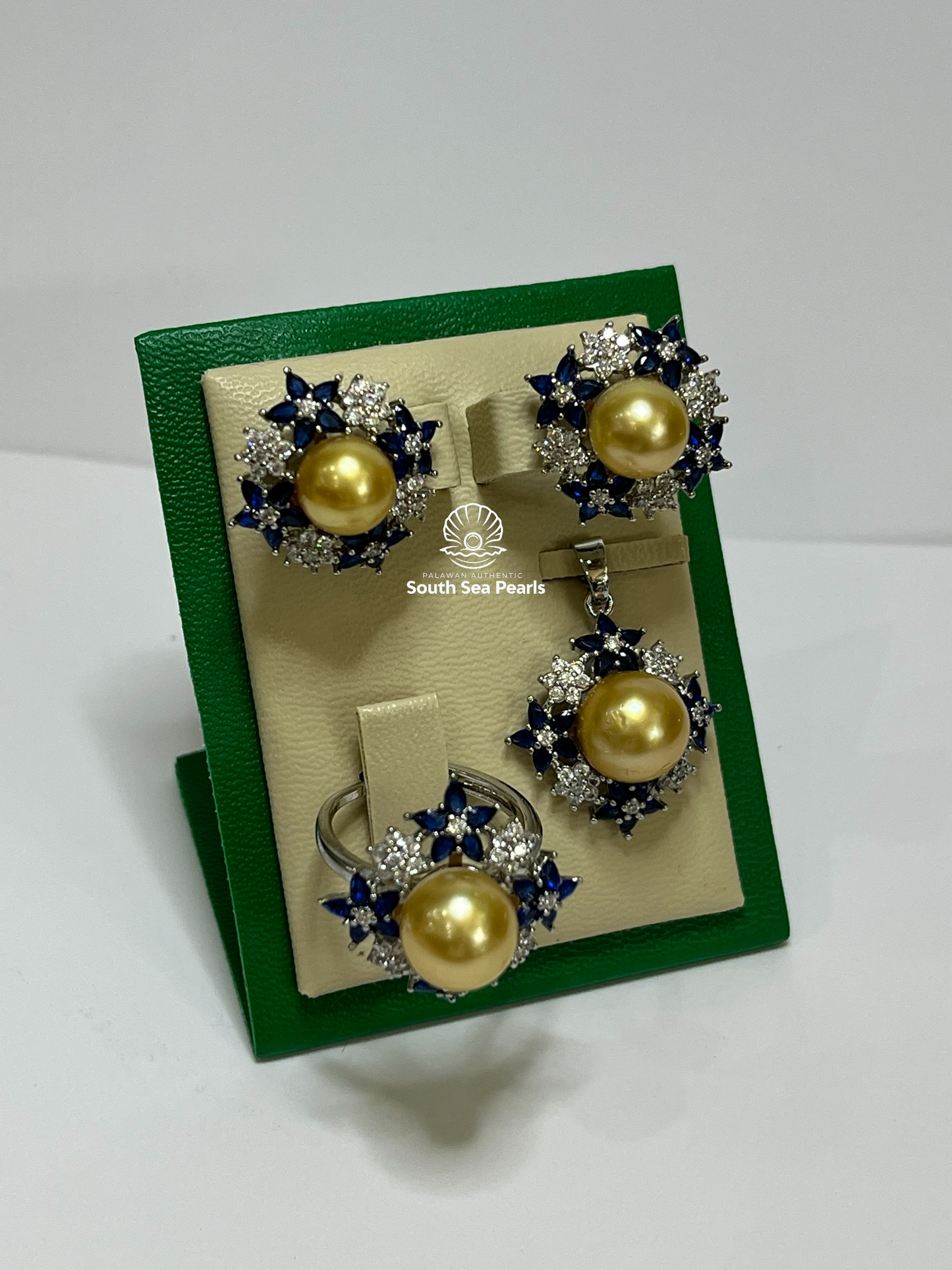 9 to 11mm Palawan Authentic Golden Color South Sea Pearl Sets in 5 Micron Plated Settings