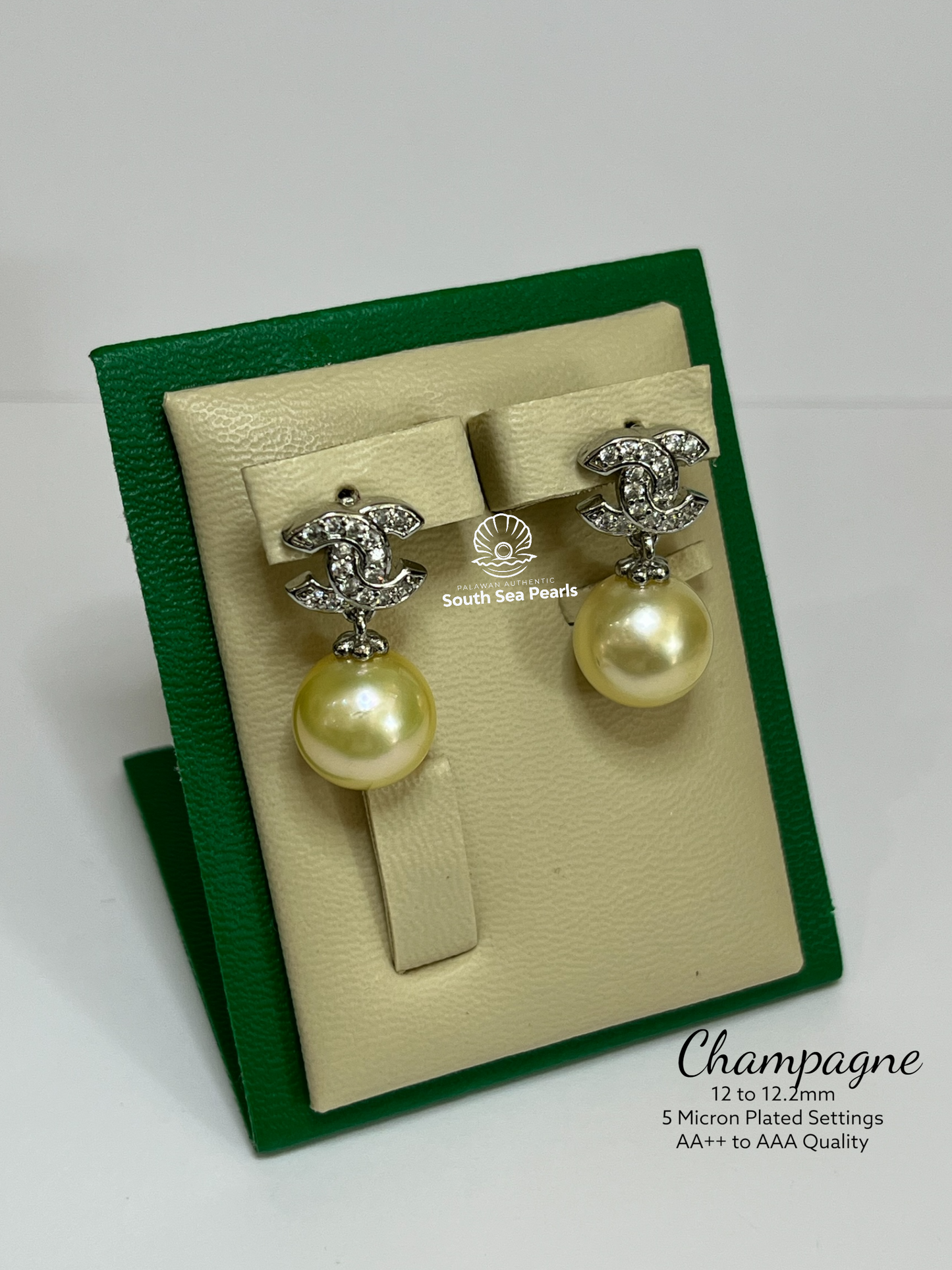 12 to 12.2mm Palawan Authentic Champagne Color South Sea Earrings in 5 Micron Plated Settings