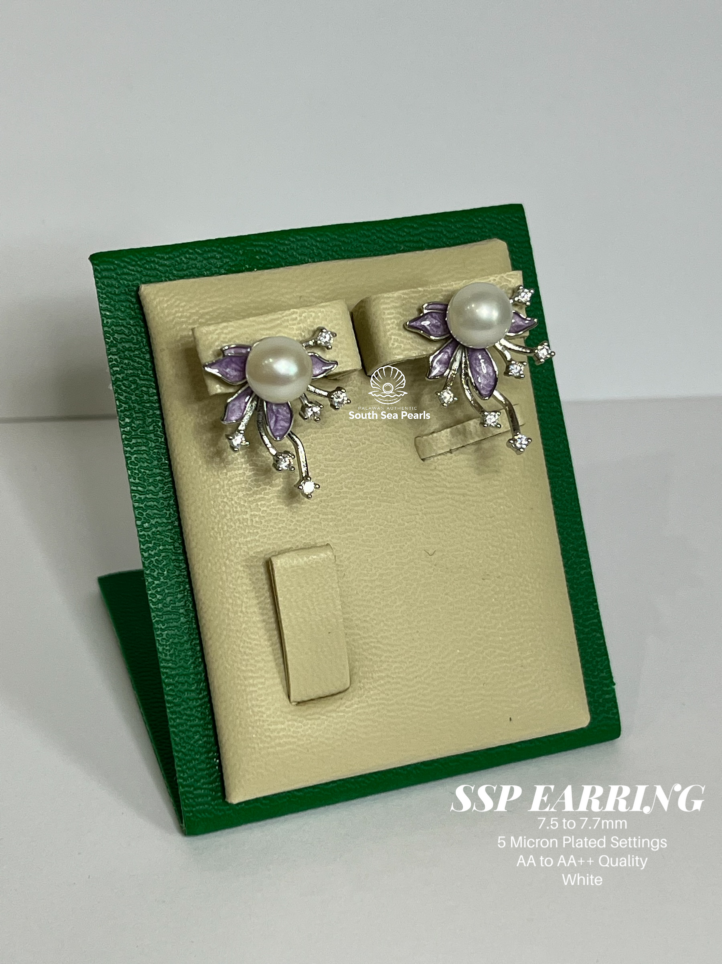 7.5 to 7.7mm Palawan Authentic White Color South Sea Pearl Earrings in 5 Micron Plated Settings