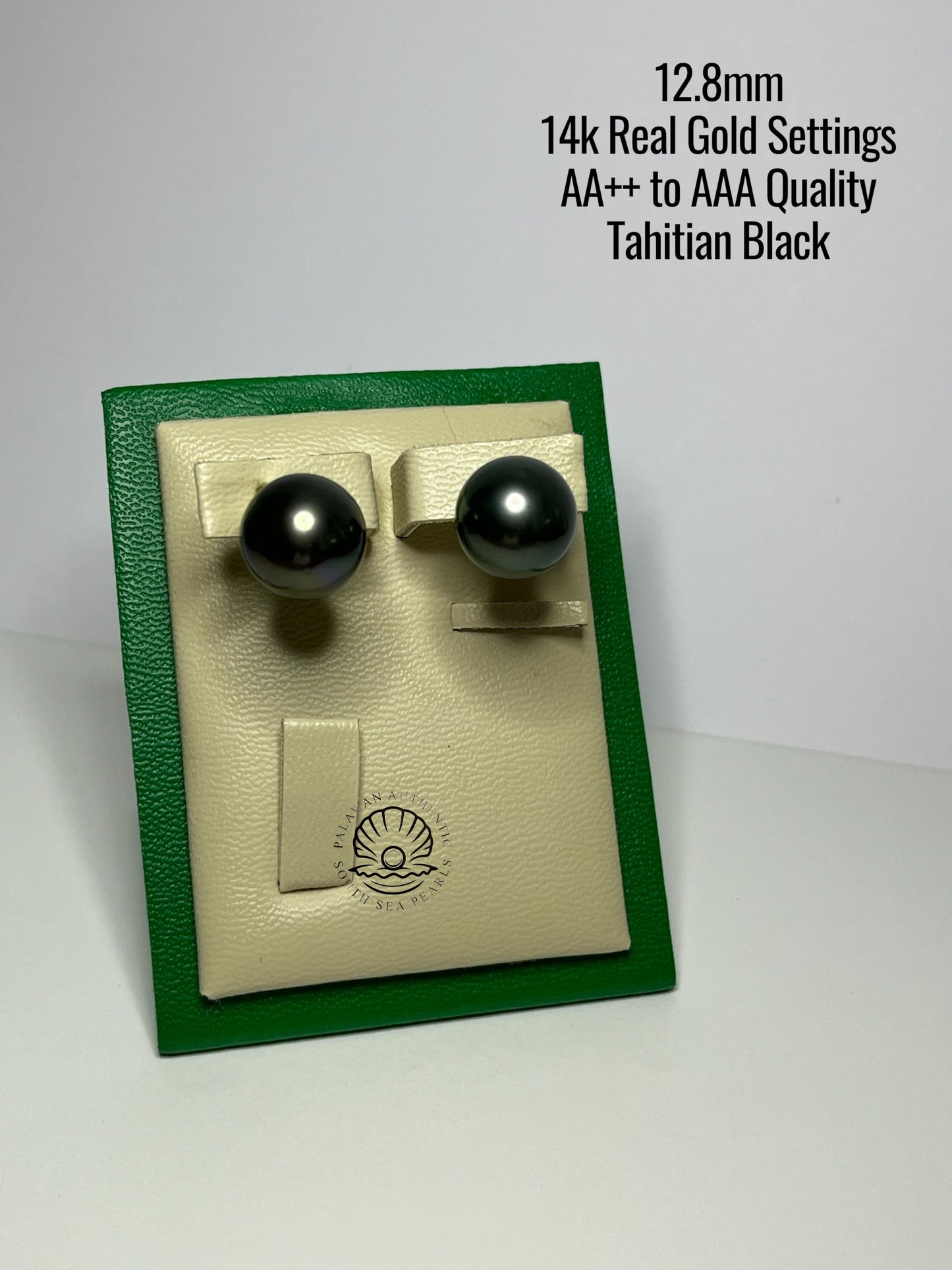 12.8mm Palawan Authentic Tahitian Black Color South Sea Pearl Earrings in 14k Real Gold Settings
