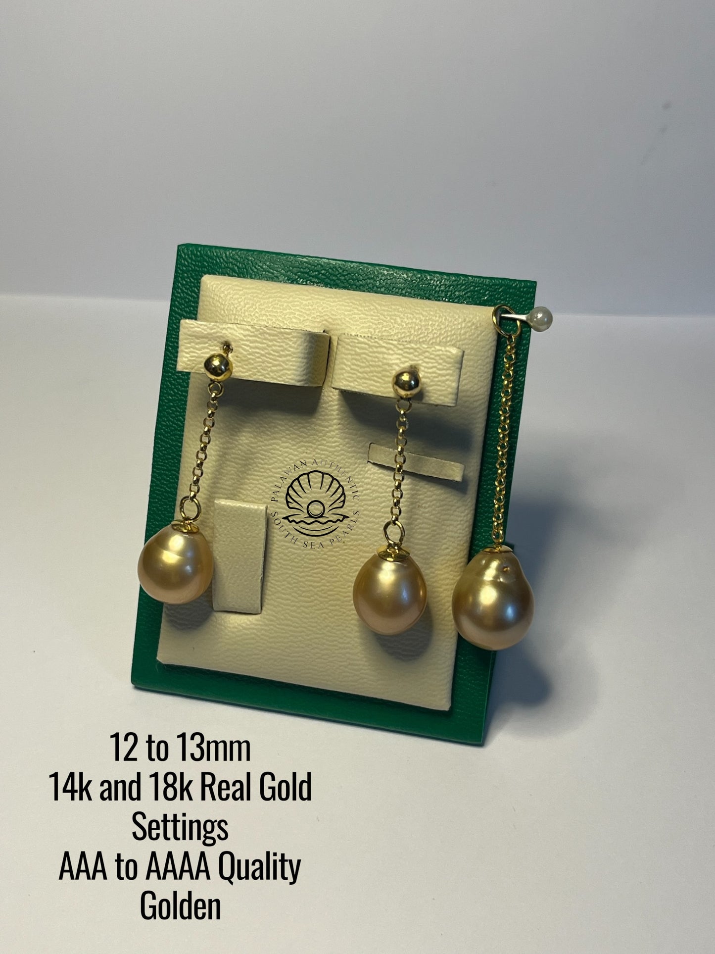 12 to 13mm Palawan Authentic Golden Color South Sea Pearl Sets in 14k Real Gold Settings