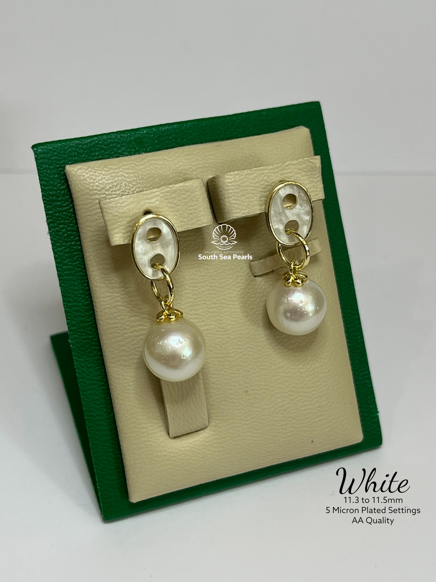 11.3 to 11.5mm Palawan Authentic White Color South Sea Pearl Earrings in 5 Micron Plated Settings