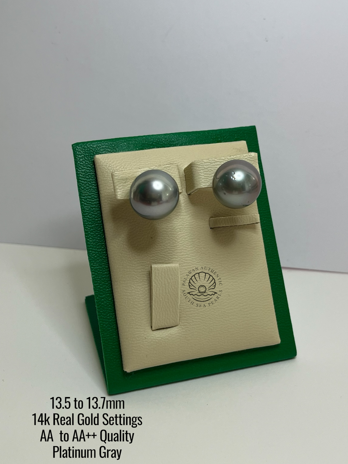 13.5 to 13.7mm Palawan Authentic Platinum Gray Color South Sea Pearl Earrings in 14k Real Gold Settings
