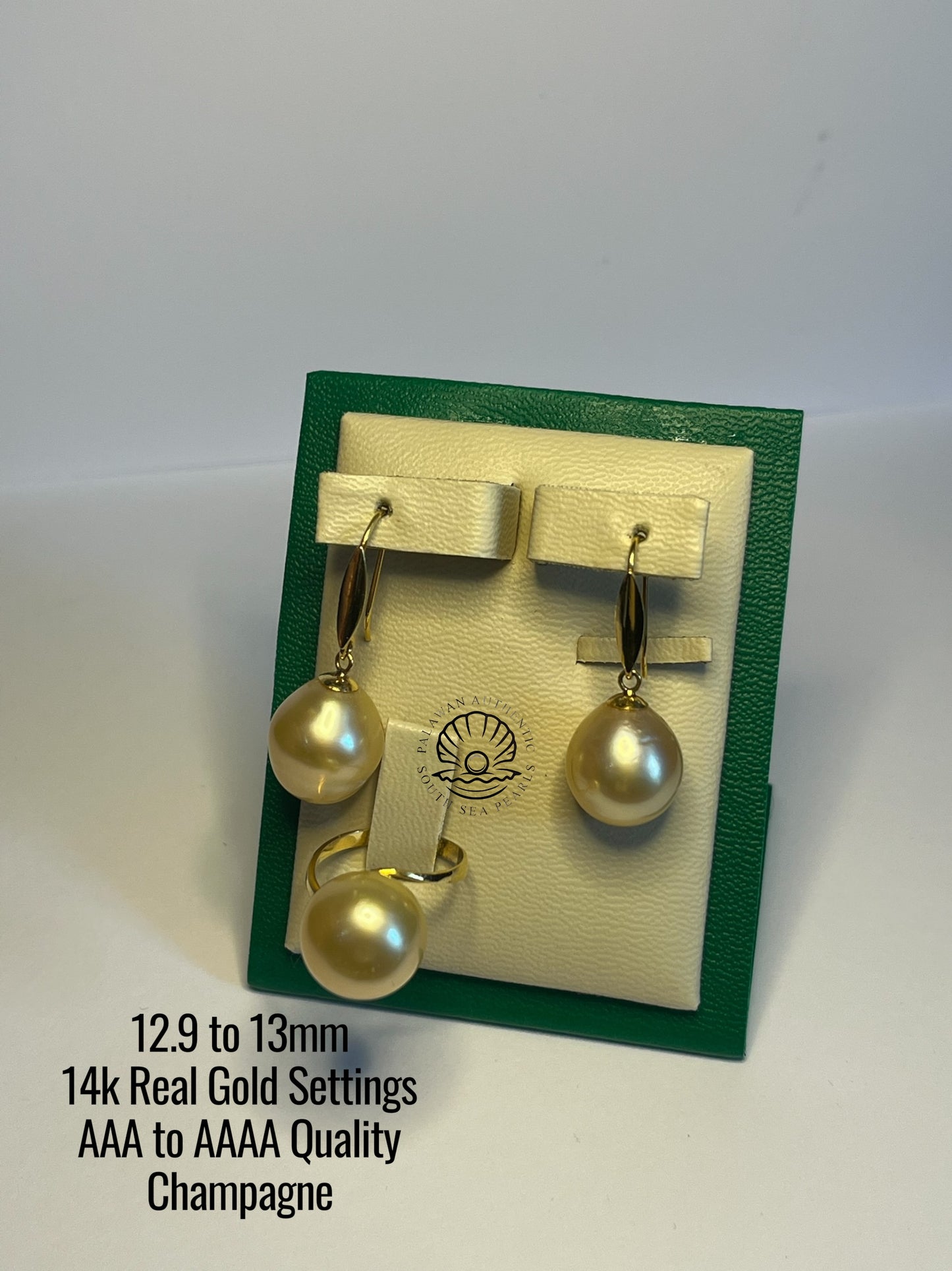 12.9 to 13mm Palawan Authentic Champagne Color South Sea Pearl Sets in 14k Real Gold Settings