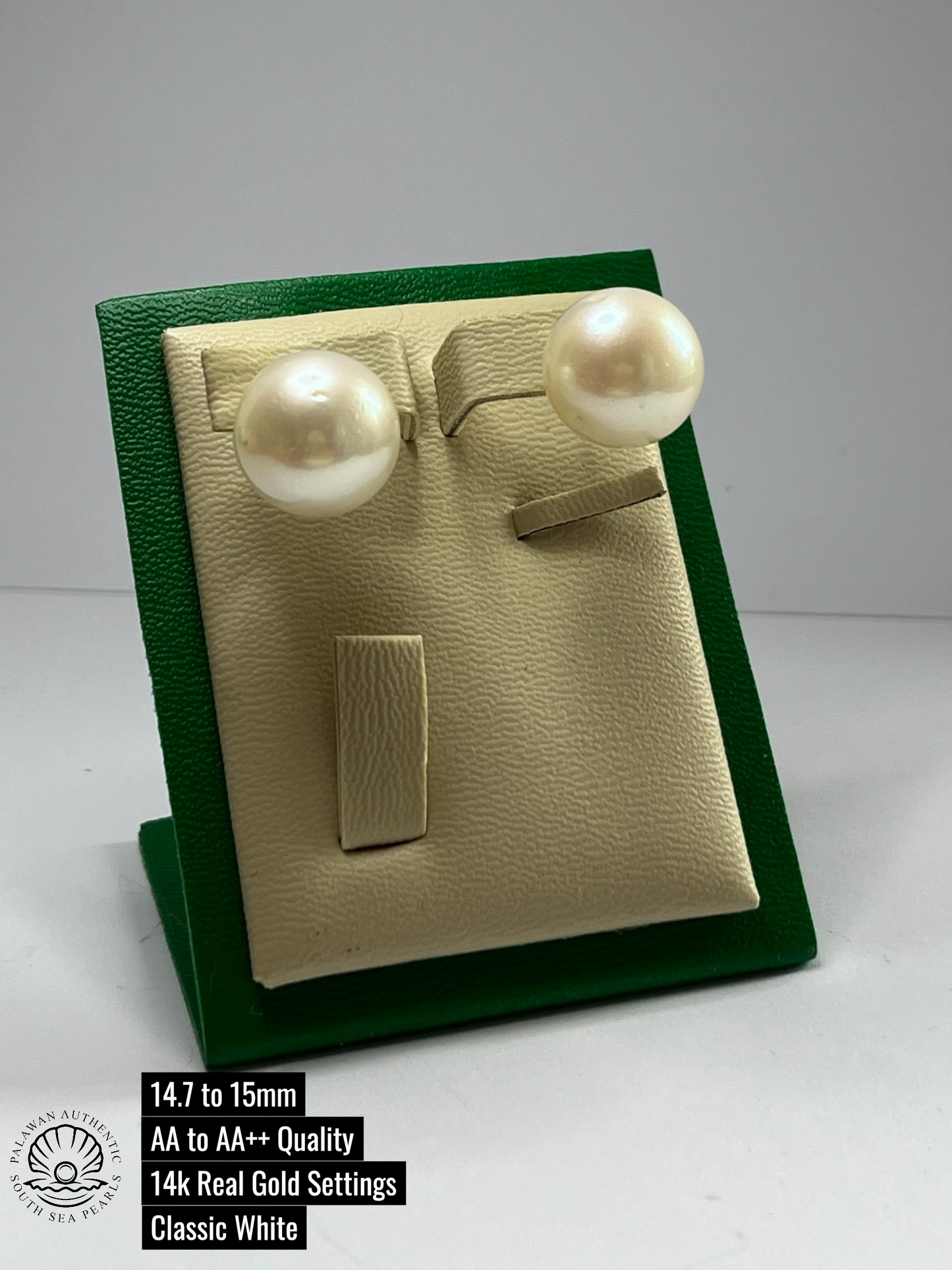 14.7 to 15mm Palawan Authentic Classic White Color South Sea Pearl Earrings in 14k Real Gold Settings