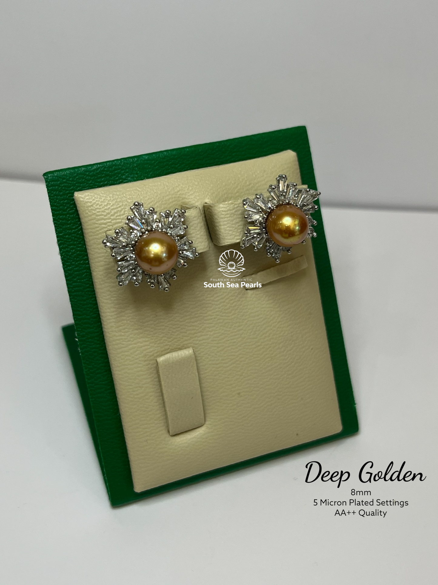 8mm Palawan Authentic Deep Golden Color South Sea Pearl Earrings in 5 Micron Plated Settings