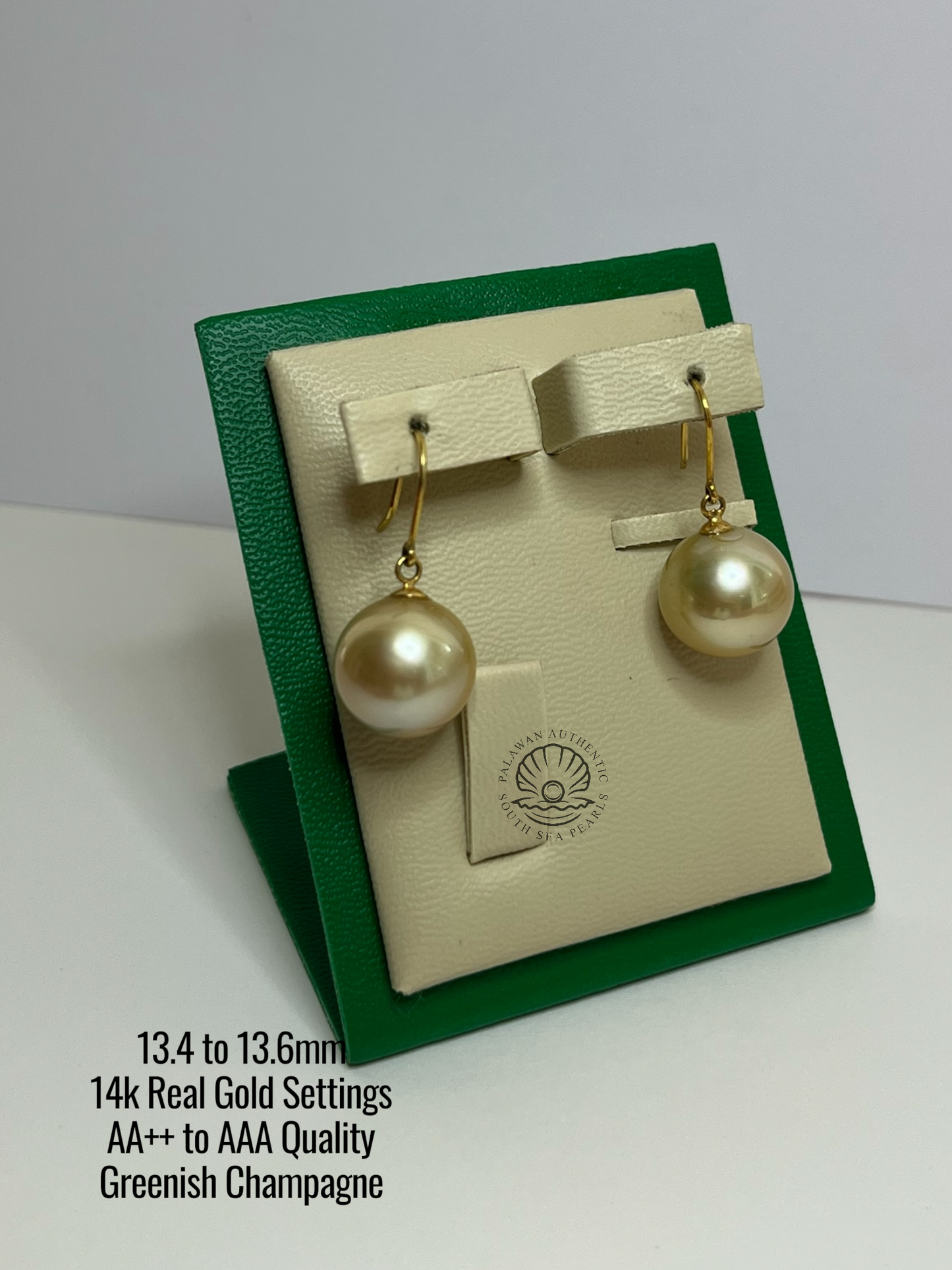 13.4 to 13.6mm Palawan Authentic Greenish Champagne Color South Sea Pearl in 14k Real Gold Settings