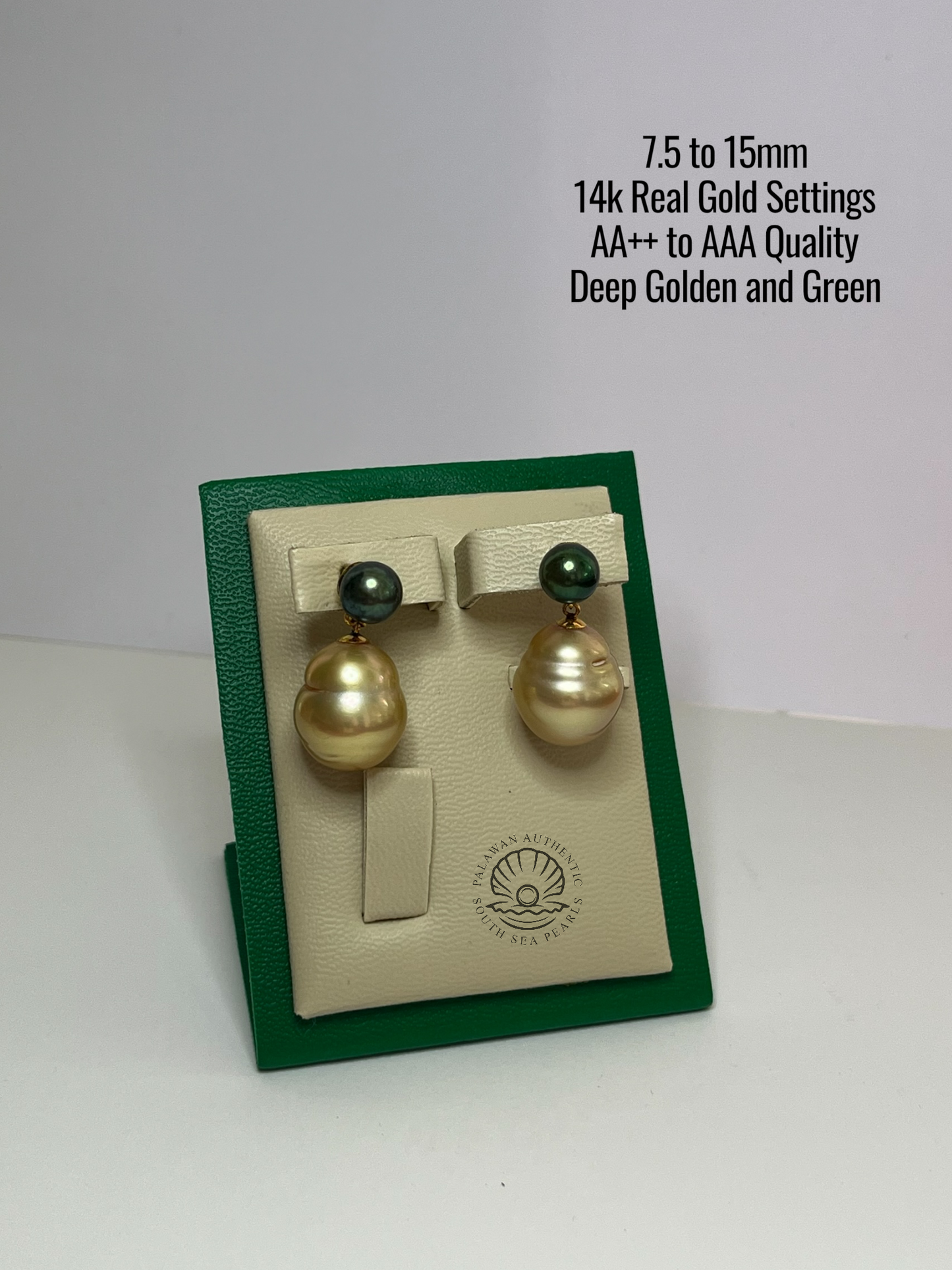 7.5 to 15mm Palawan Authentic Deep Golden and Peacock Green Color South Sea Pearl in 14k Real Gold Settings