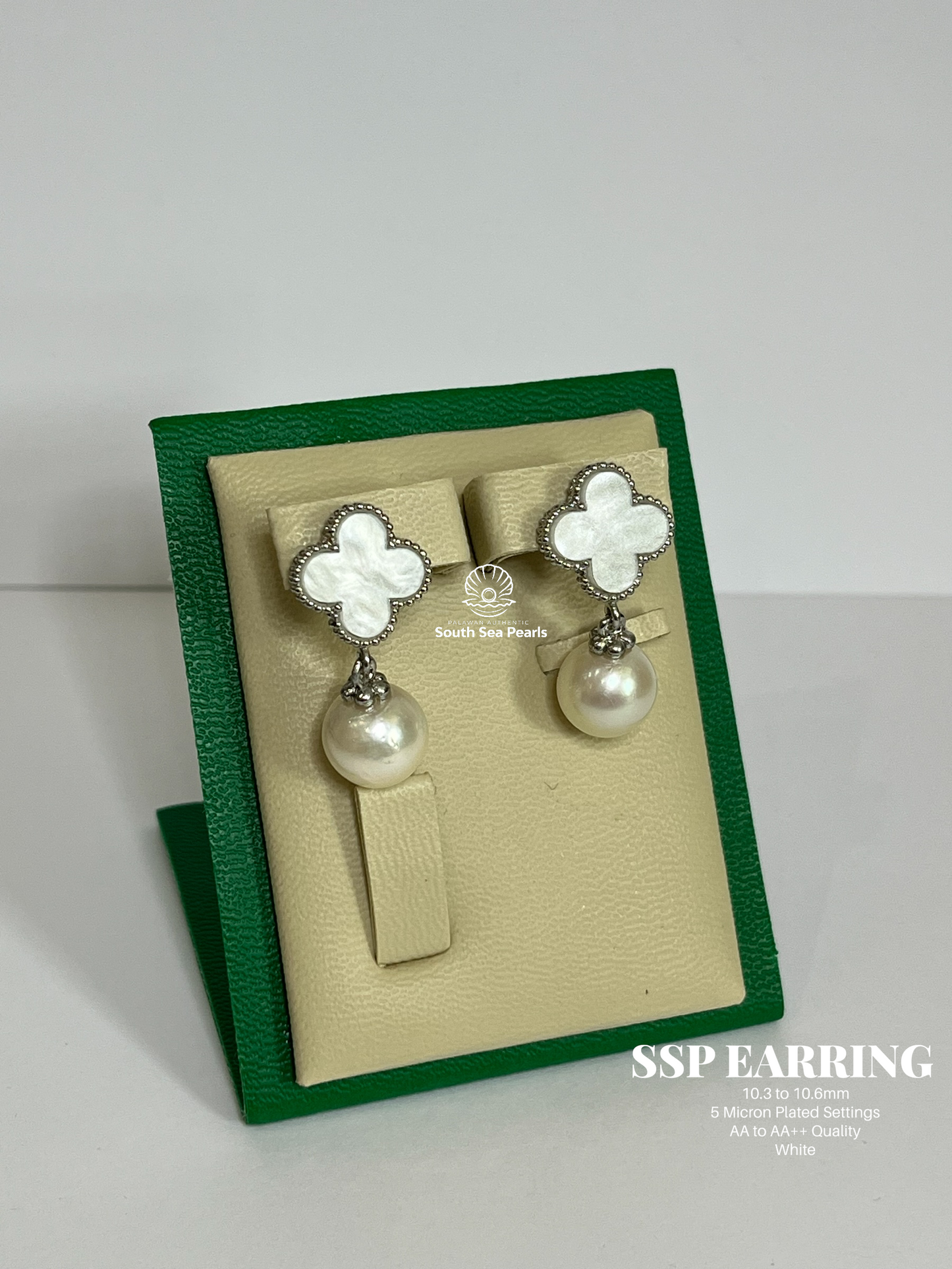10.3 to 10.6mm Palawan Authentic White Color South Sea Pearl Earrings in 5 Micron Plated Settings