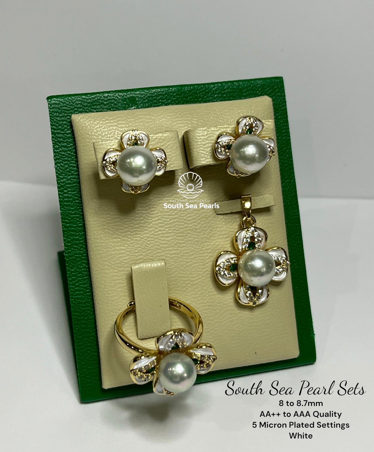 8 to 8.7mm Palawan Authentic White Color South Sea Pearl Sets in 5 Micron Settings