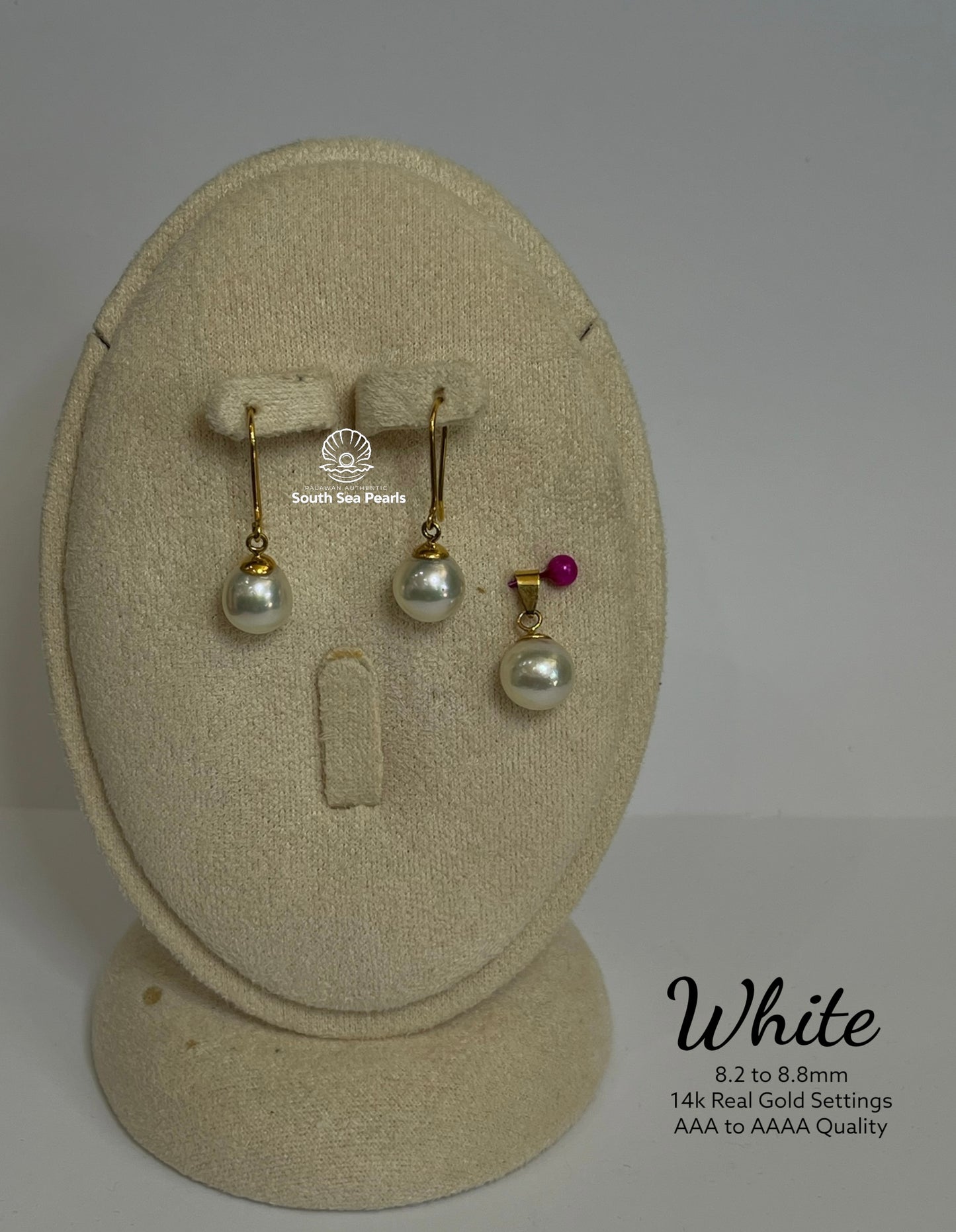 8.2 to 8.8mm Palawan Authentic White Color South Sea Pearl Sets in 14k Real Gold Settings