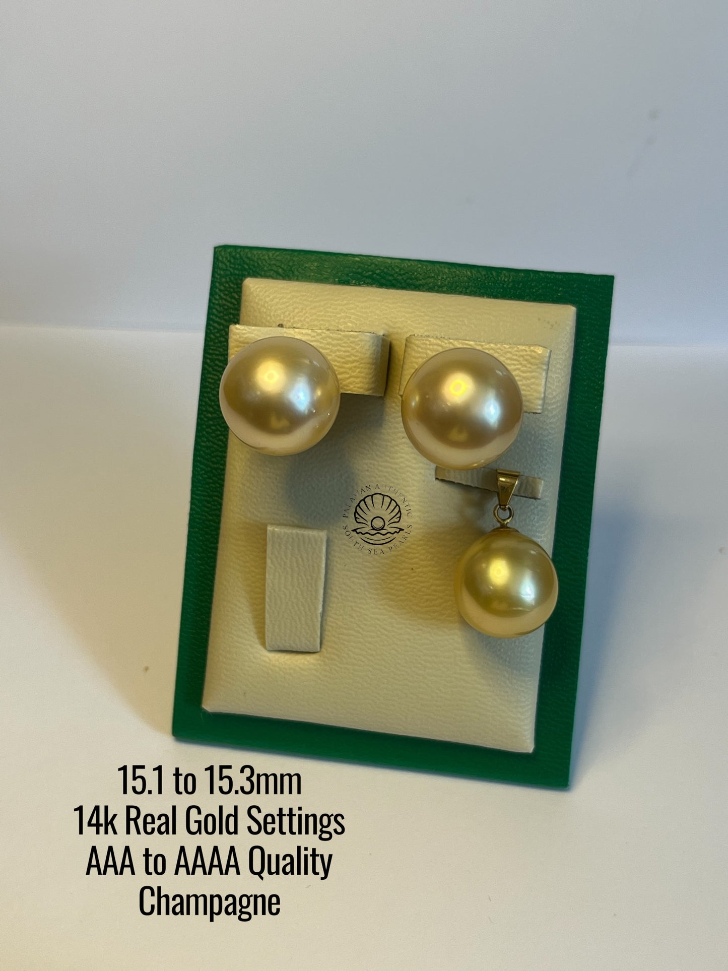 15.1 to 15.3mm Palawan Authentic Champagne Color South Sea Pearl Sets in 14k Real Gold Settings