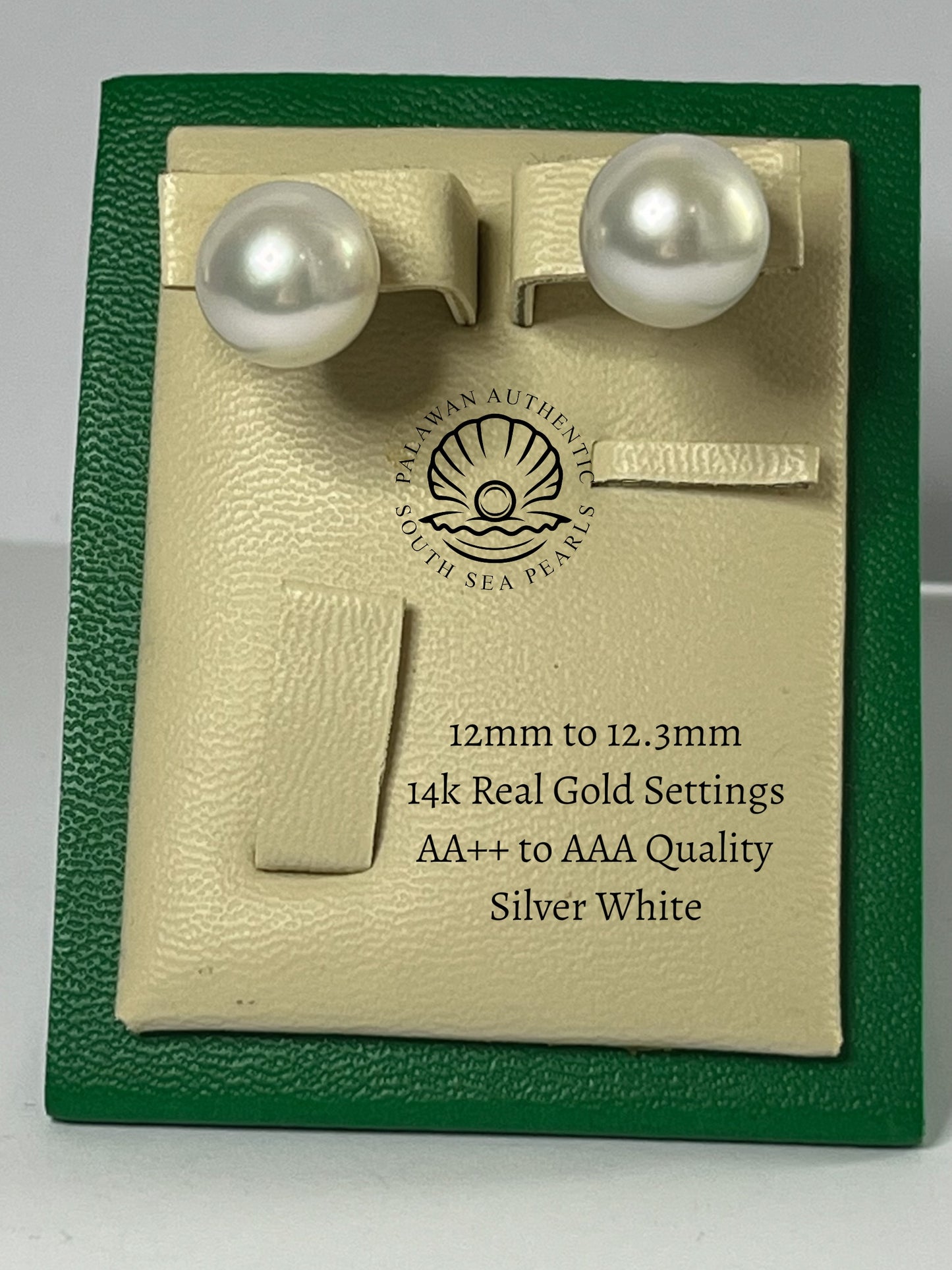 12mm Palawan Authentic Silver White Color South Sea Pearl Earrings in 14k Real Gold Settings