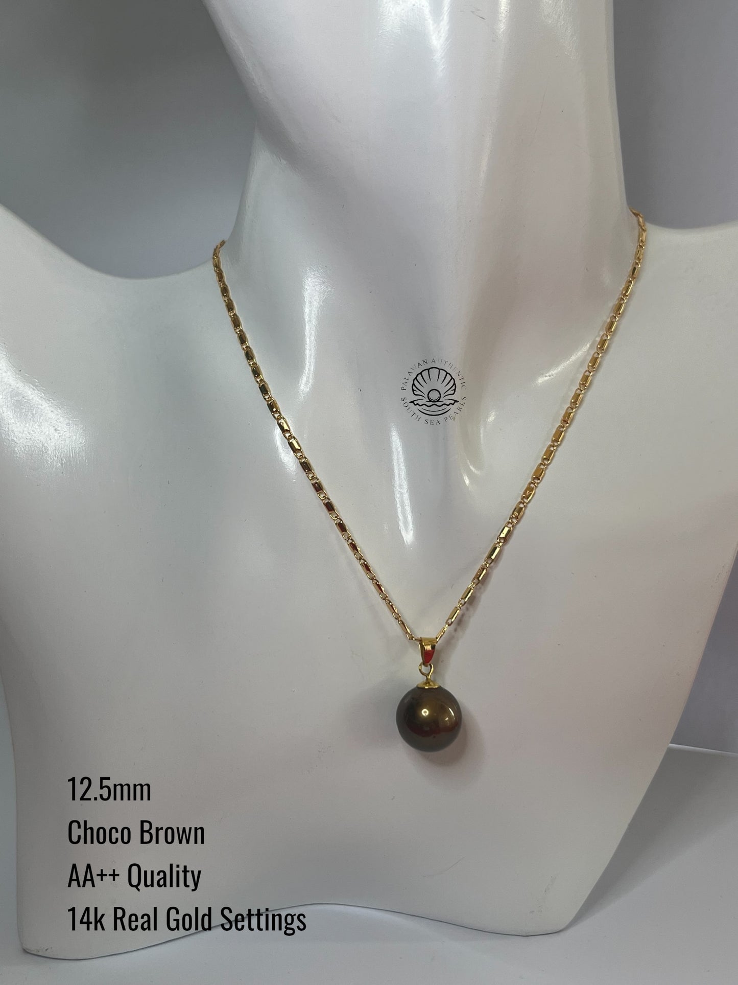 12.5mm Palawan Authentic Choco Brown Color South Sea Pearl Pendant in 14k Real Gold Settings