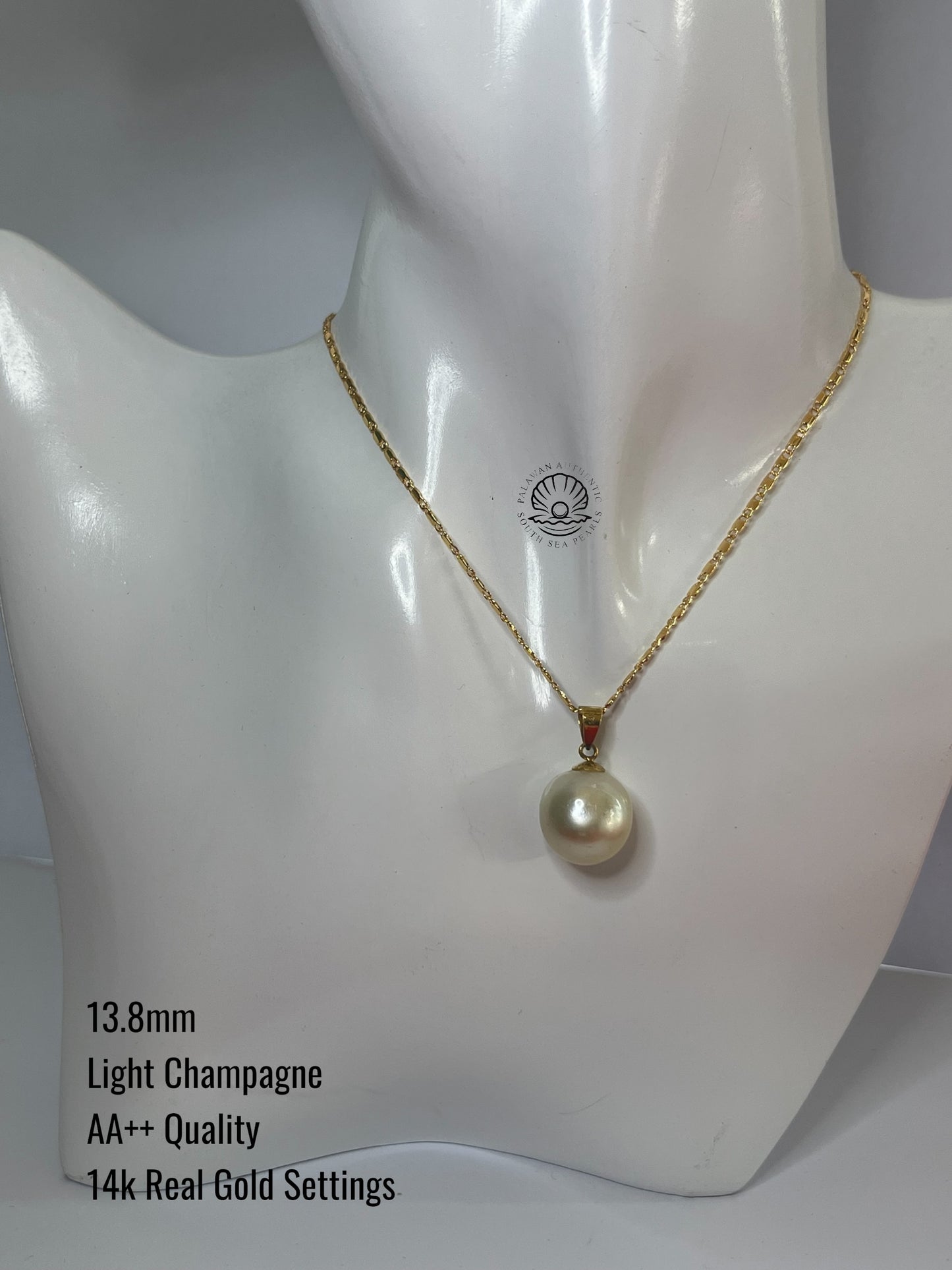 13.8mm Palawan Authentic Light Champagne Color South Sea Pearl Pendant in 14k Real Gold Settings
