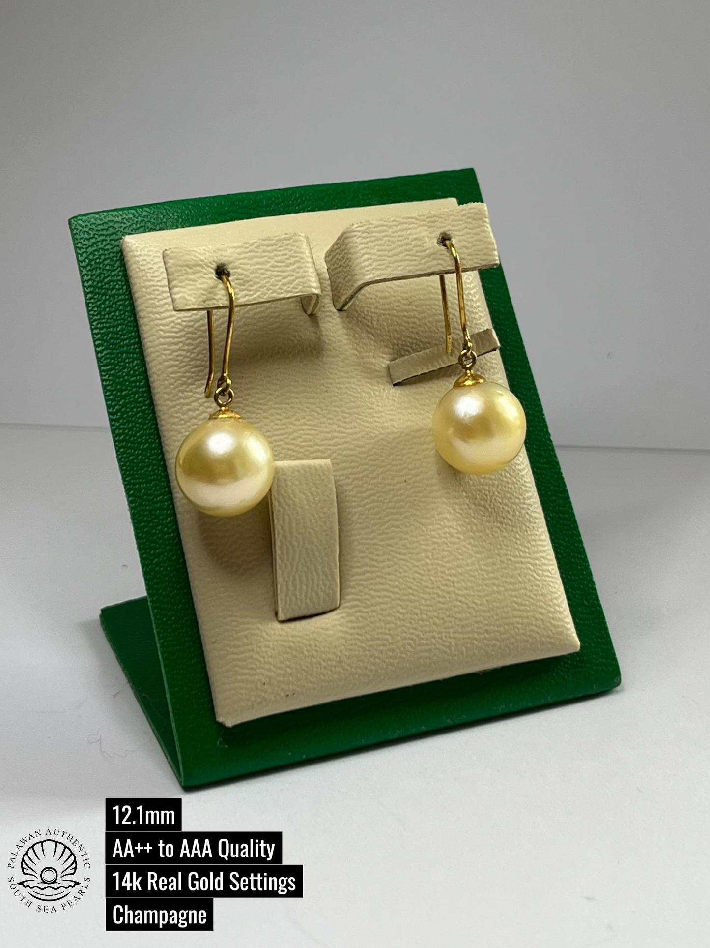 12.1mm Palawan Authentic Champagne Color South Sea Pearl Earrings in 14k Real Gold Settings