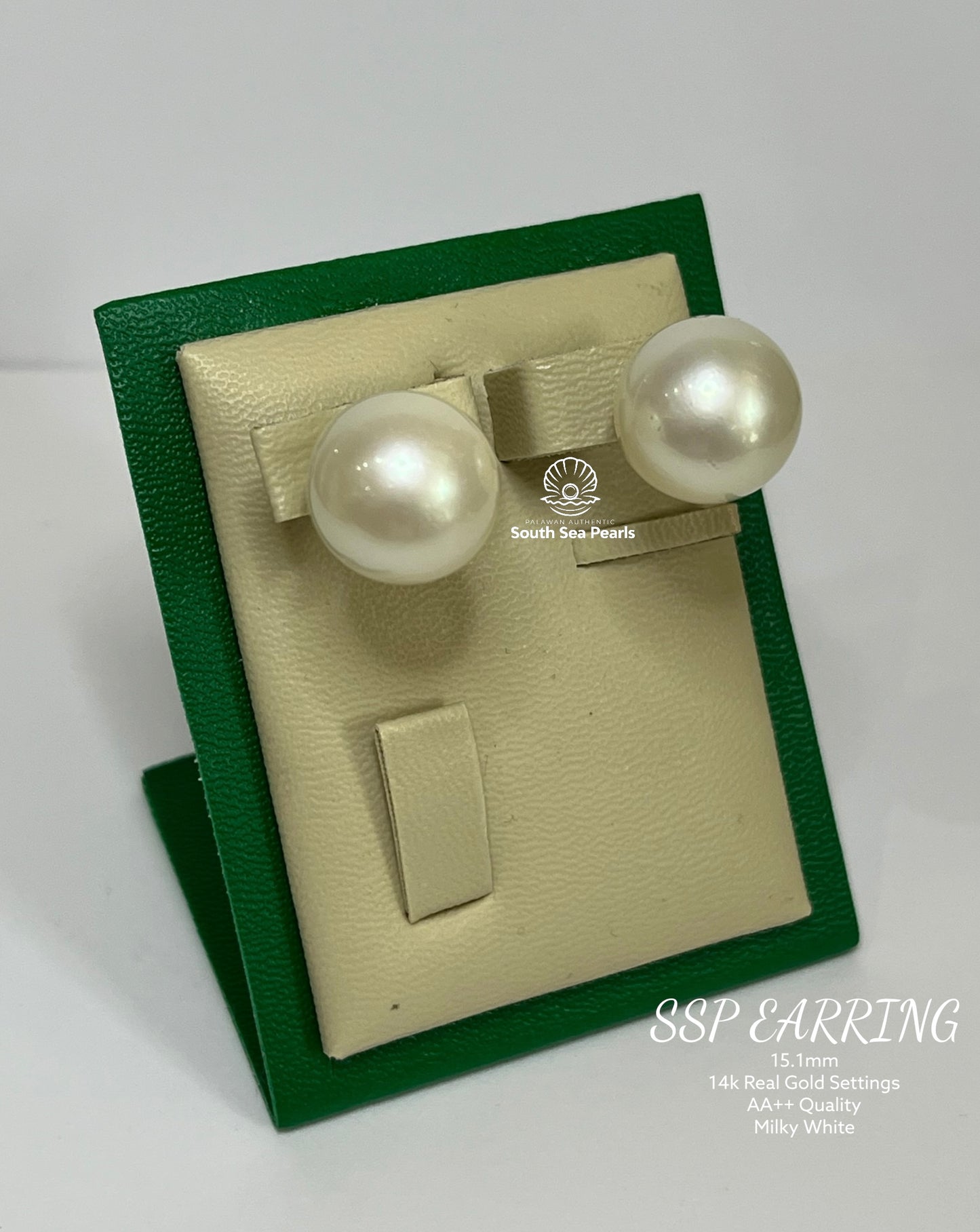 New Arrival! 15.1mm Palawan Authentic Milky White Color South Sea Pearl South Sea Pearl Earrings in 14k Real Gold Settings.