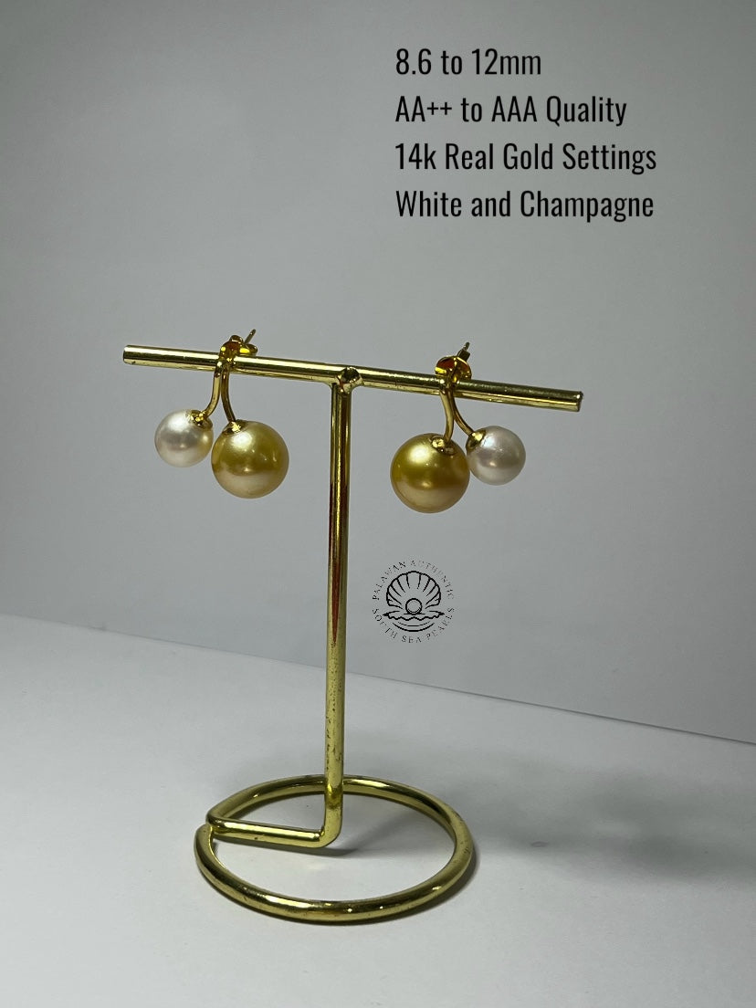 8.6 to 12mm Palawan Authentic White and Champagne Color South Sea Pearl Earrings in 14k Real Gold Settings