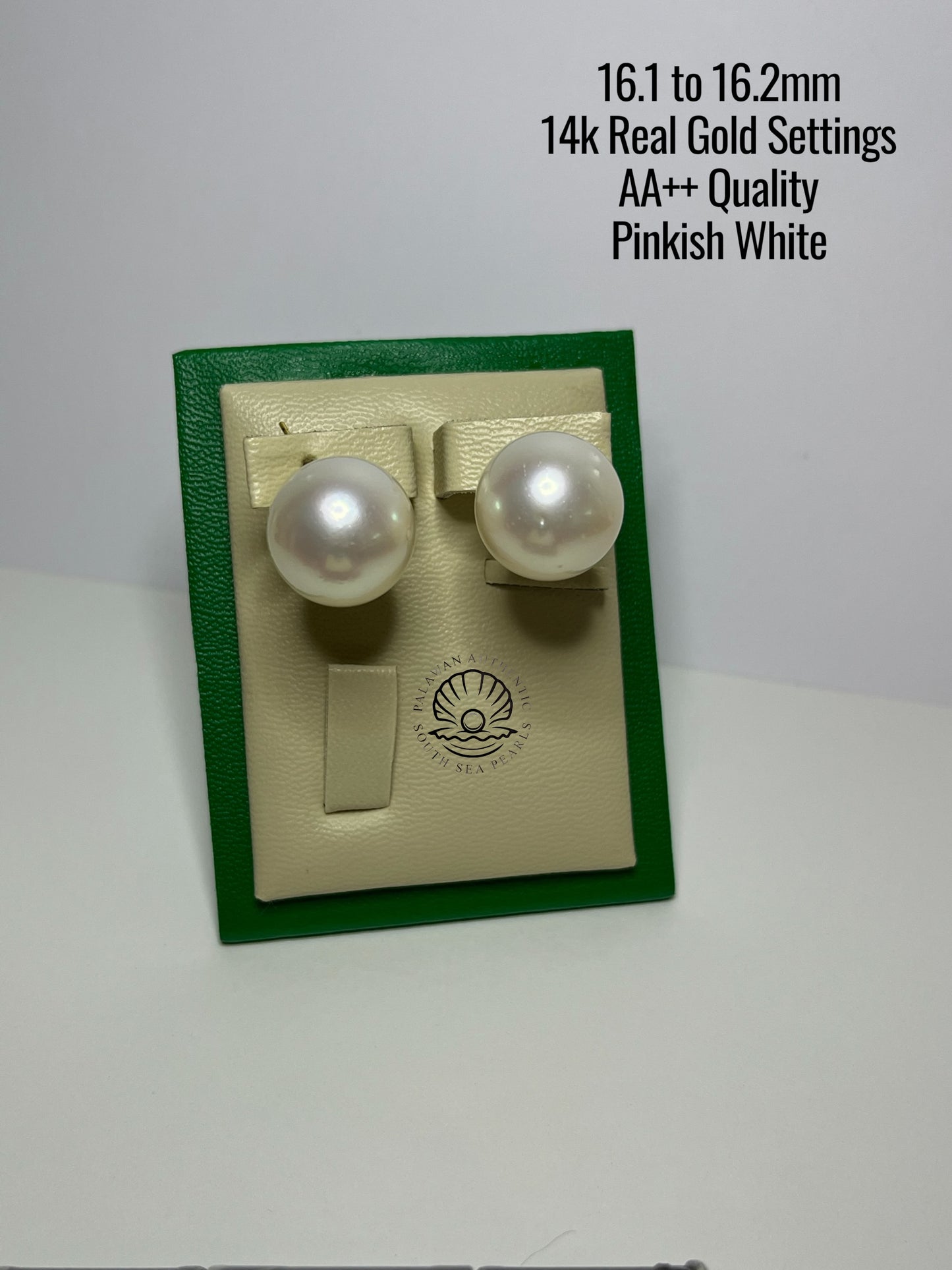 16.1 to 16.2mm Palawan Authentic Pinkish White Color South Sea Pearl Earrings in 14k Real Gold Settings