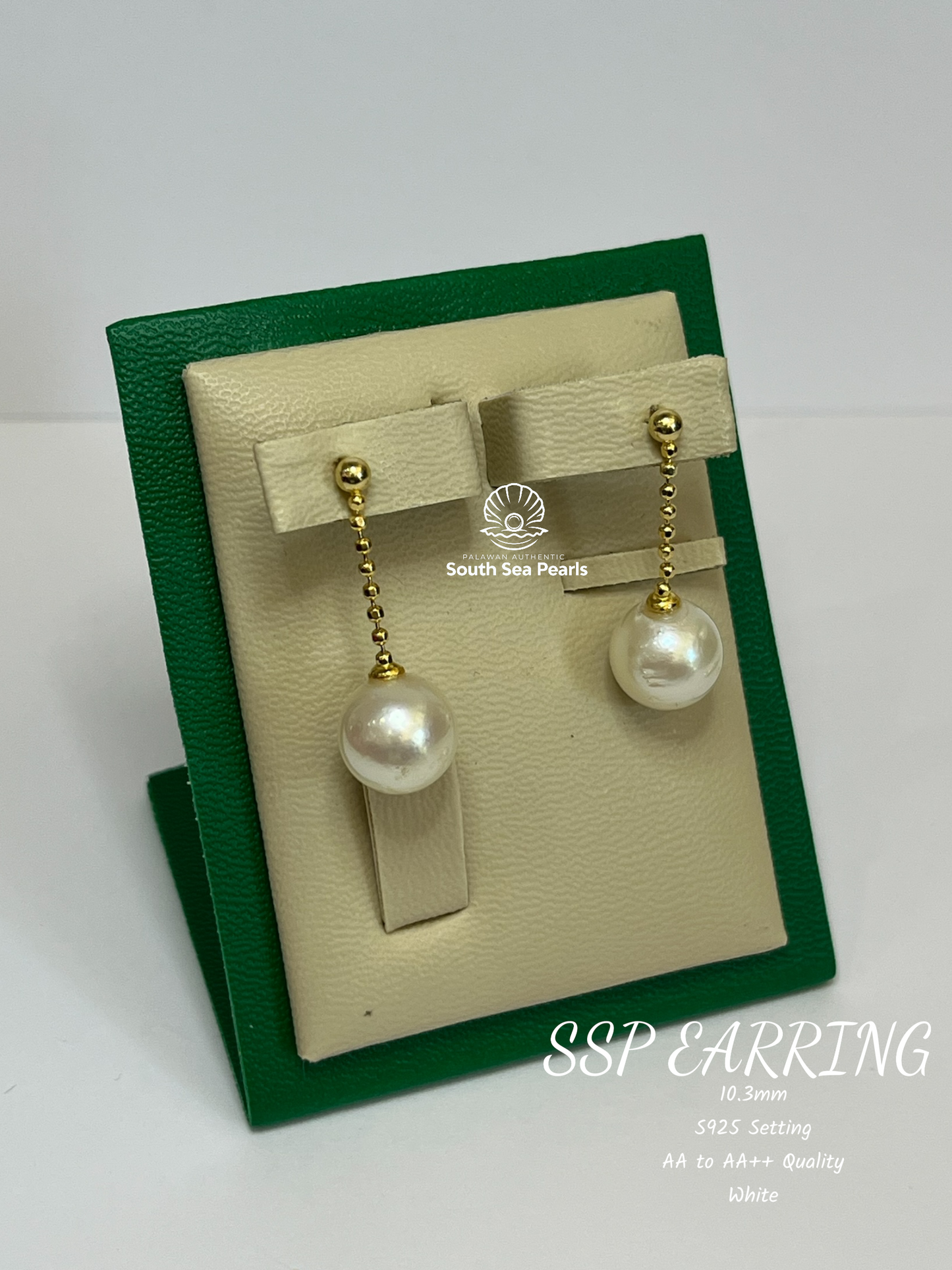10.3mm Palawan Authentic White Color South Sea Pearl Earrings in 5 Micron Plated Settings