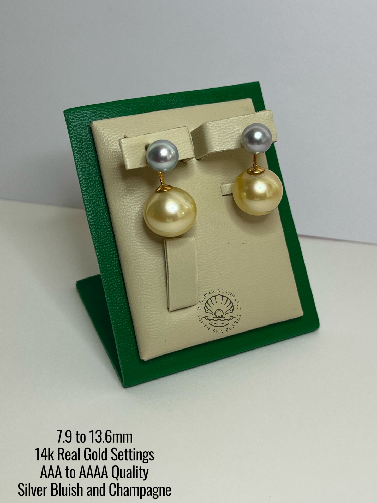7.9 to 13.6mm Palawan Authentic Silver Bluish and Champagne Color South Sea Pearl Earrings in 14k Real Gold Settings
