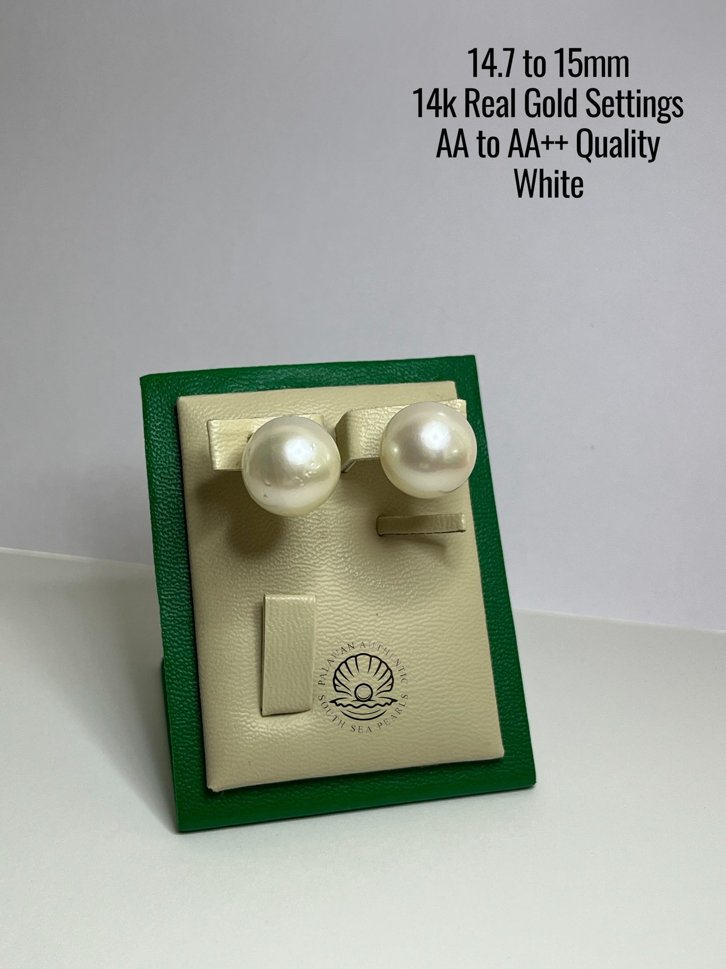 14.7 to 15mm Palawan Authentic White Color South Sea Pearl Earrings in 14k Real Gold Settings