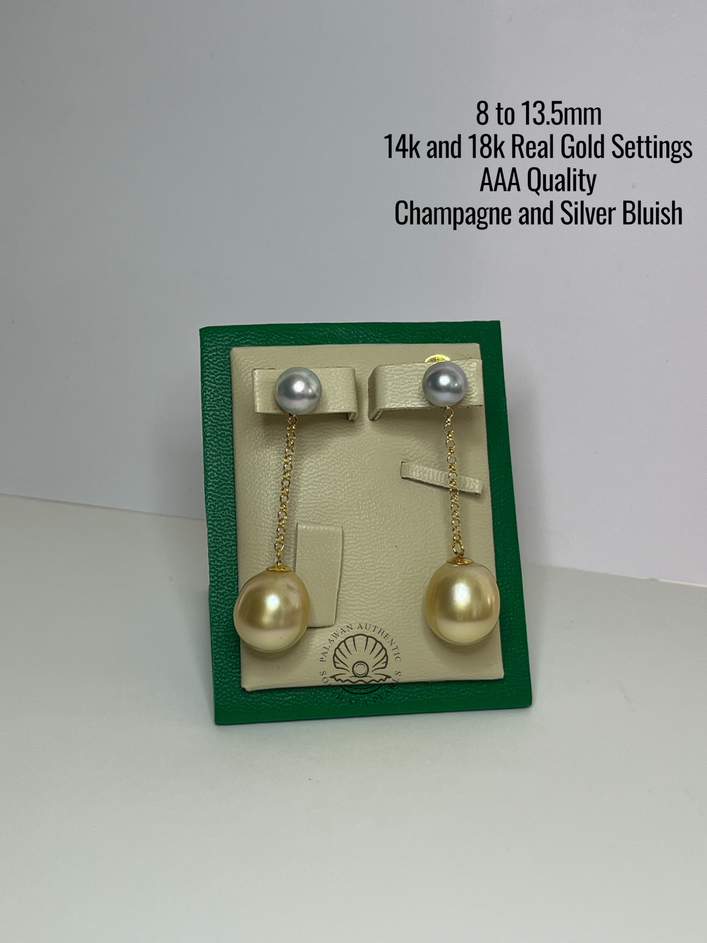 8 to 13.5mm Palawan Authentic Champagne and Bluish Color South Sea Pearl in 14k and 18k Real Gold Settings