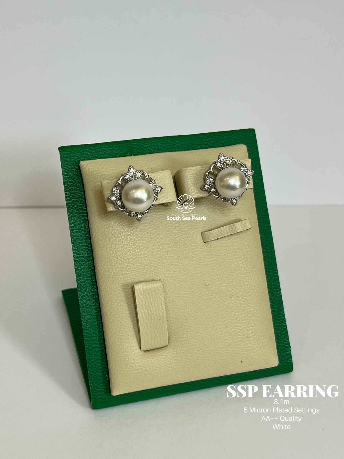8.1mm Palawan Authentic White Color South Sea Pearl Earrings in 5 Micron Plated Settings