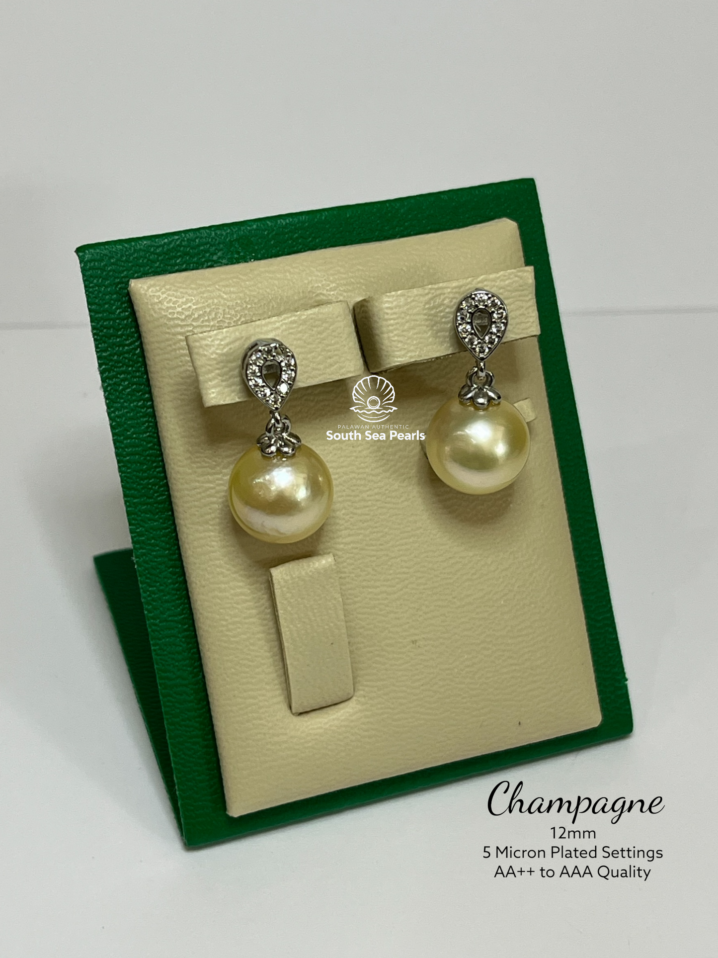 12mm Palawan Authentic Champagne Color South Sea Pearl Earrings in 5 Micron Plated Settings