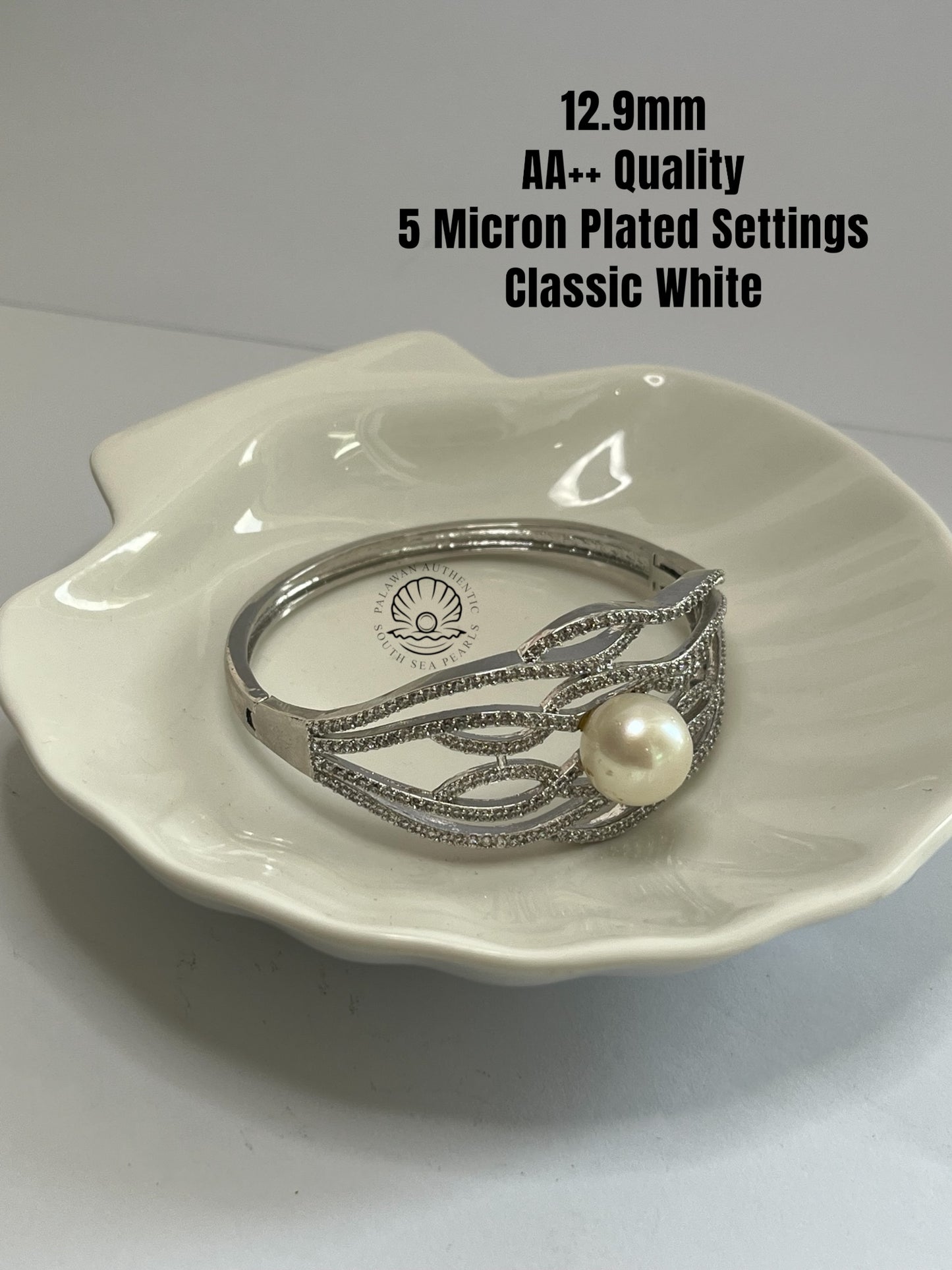 12.9mm Palawan Authentic Classic White Color South Sea Pearl Bangle in 5 Micron Plated Settings