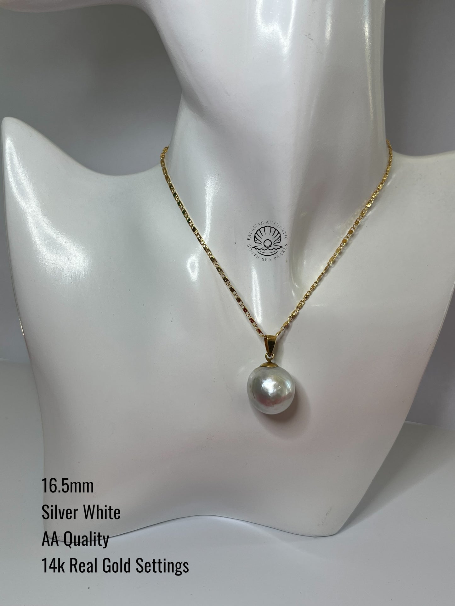 16.5mm Drop Shape Palawan Authentic Silver White Color South Sea Pearl Pendant in 14k Real Gold Settings