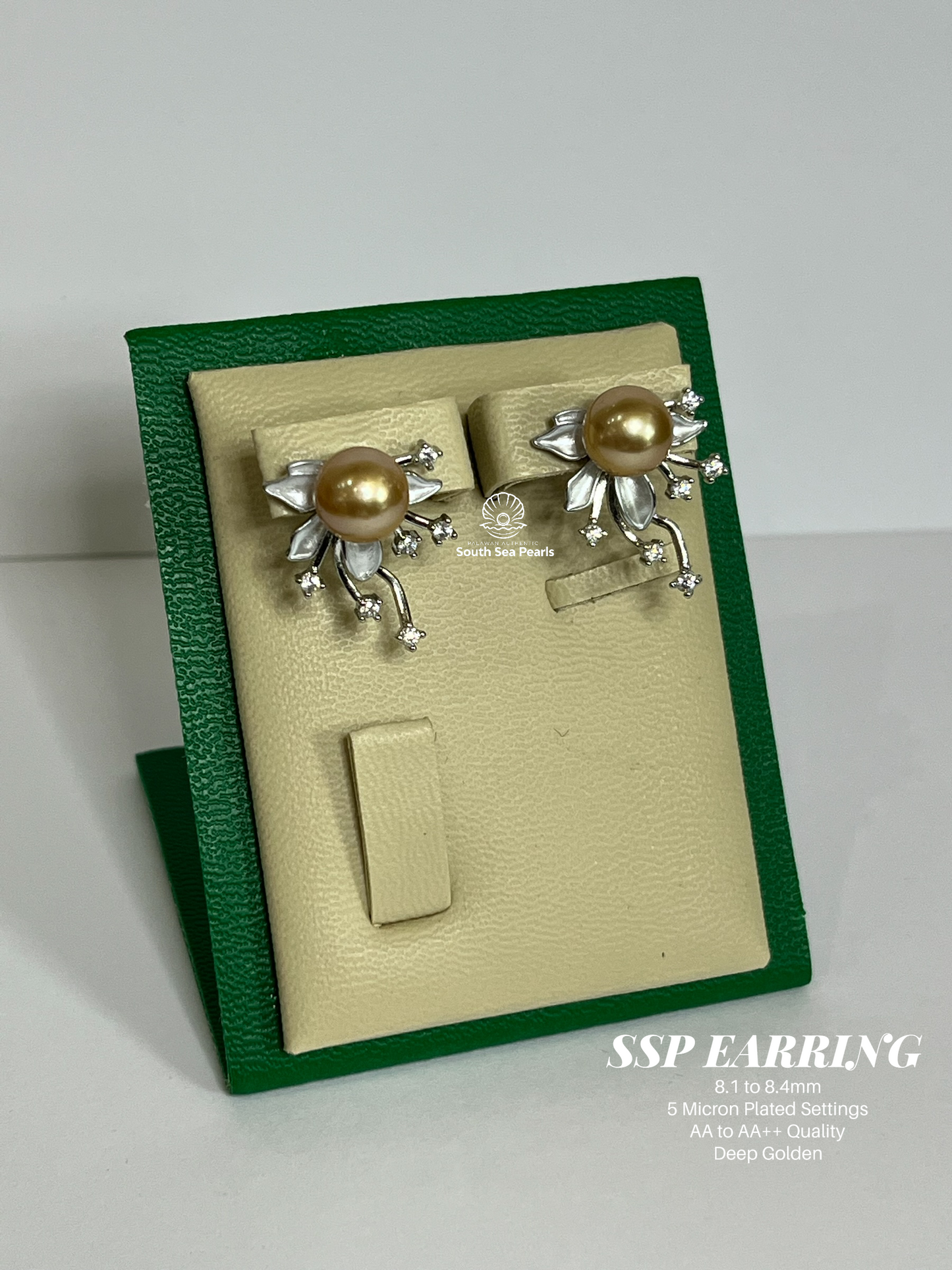 8.1 to 8.4mm Palawan Authentic Deep Golden Color South Sea Pearl Earrings in 5 Micron Plated Settings