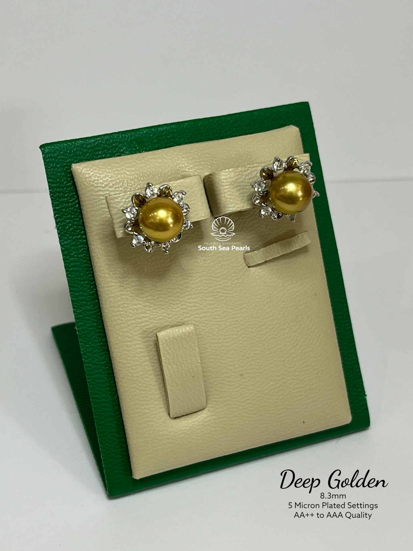 8.3mm Palawan Authentic Deep Golden Color South Sea Pearl Earrings in 5 Micron Plated Settings