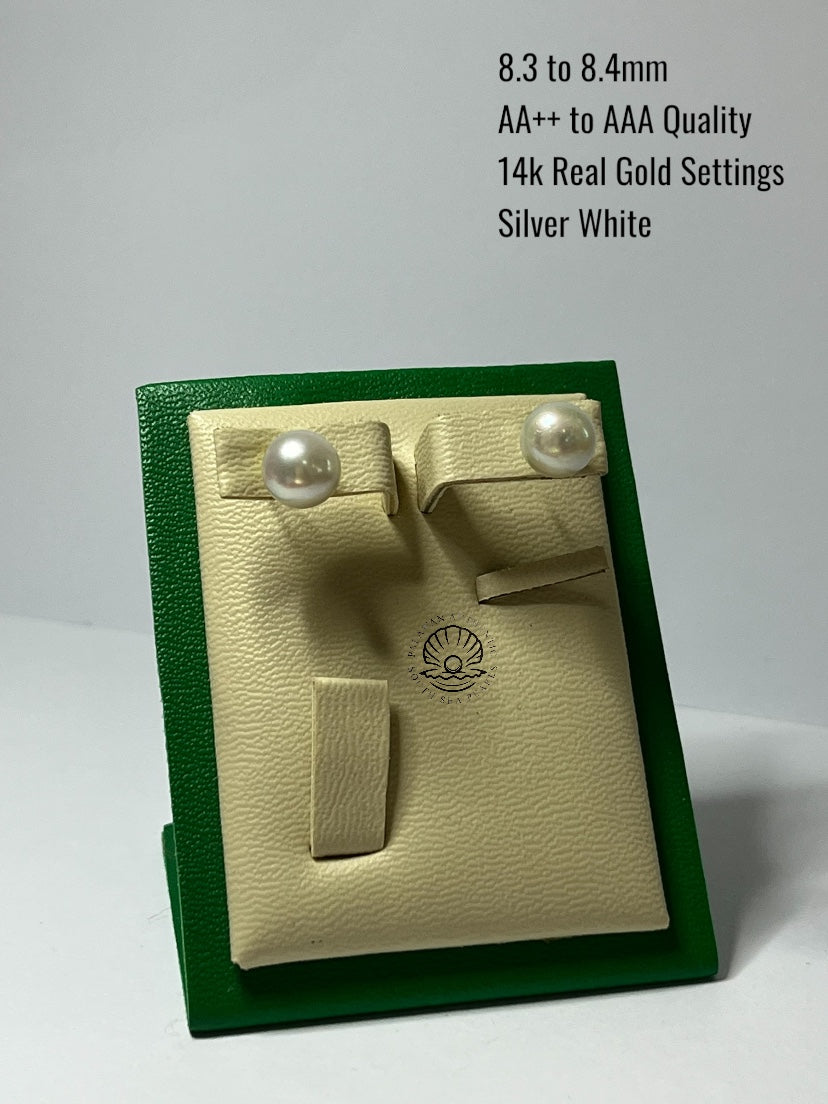 8.3 to 8.4mm Palawan Authentic Silver White Color South Sea Pearl Earrings in 14k Real Gold Settings