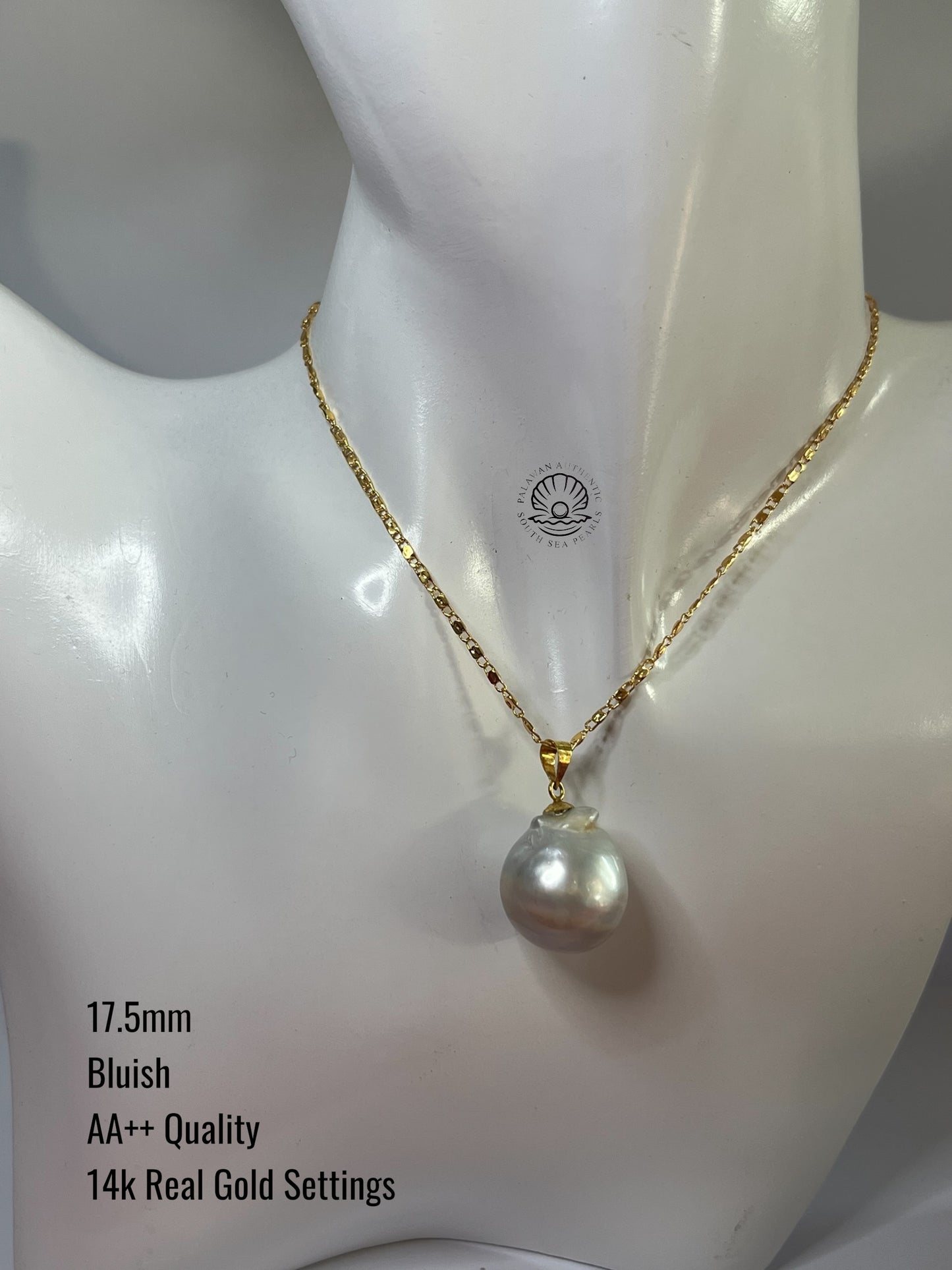 17.5mm Palawan Authentic Bluish Color South Sea Pearl Pendant in 14k Real Gold Settings