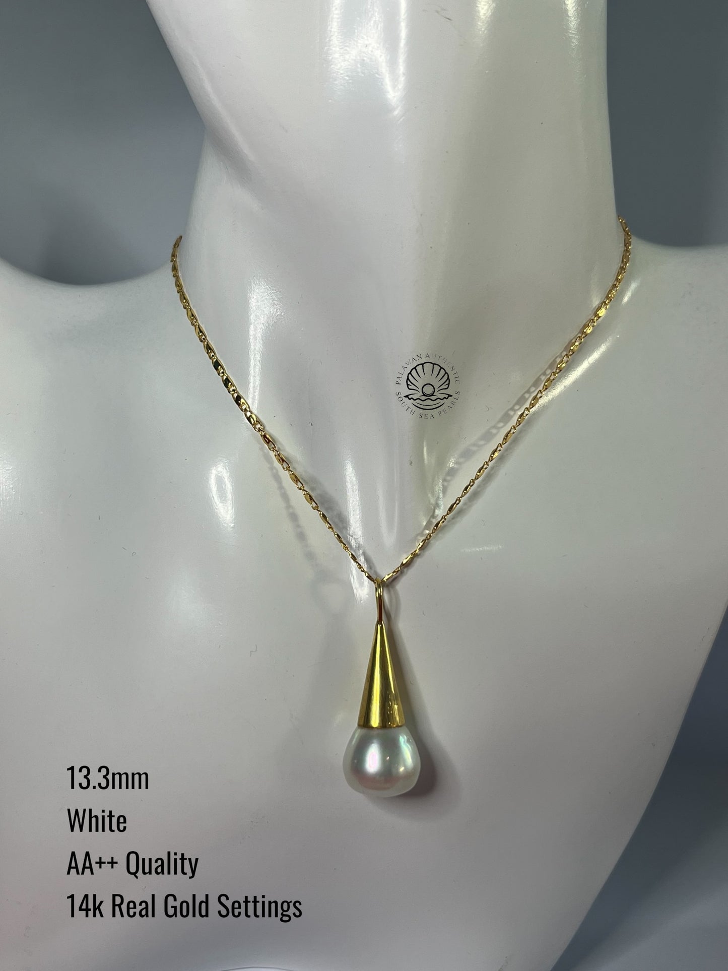 13.3mm Palawan Authentic White Color South Sea Pearl Pendant in 14k Real Gold Settings