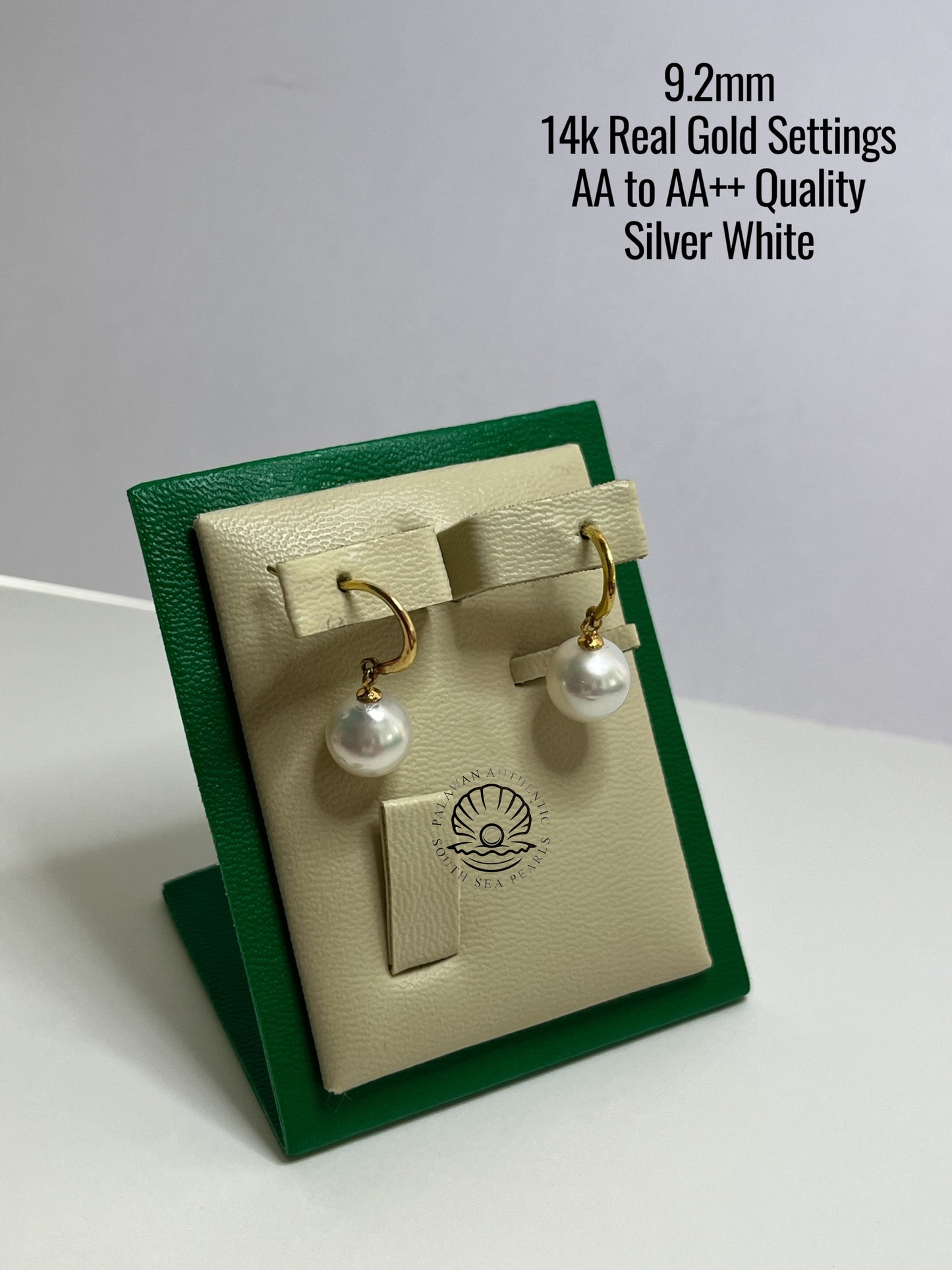 9.2mm Palawan Authentic Silver White Color South Sea Pearl Earrings in 14k Real Gold Settings