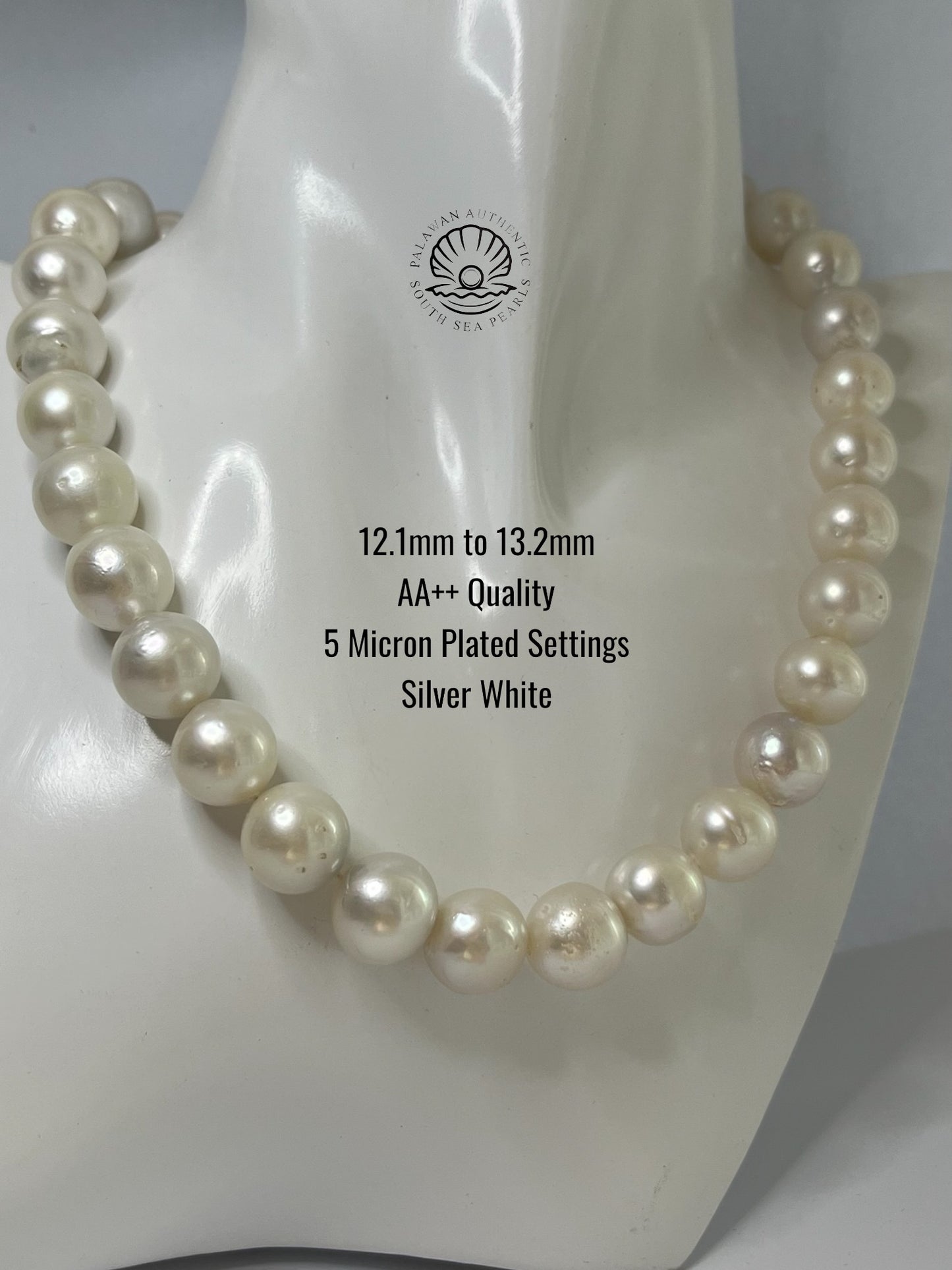 12.1 to 13.2mm Palawan Authentic Silver White Color South Sea Pearl Choker in 5 Micron Lock Settings
