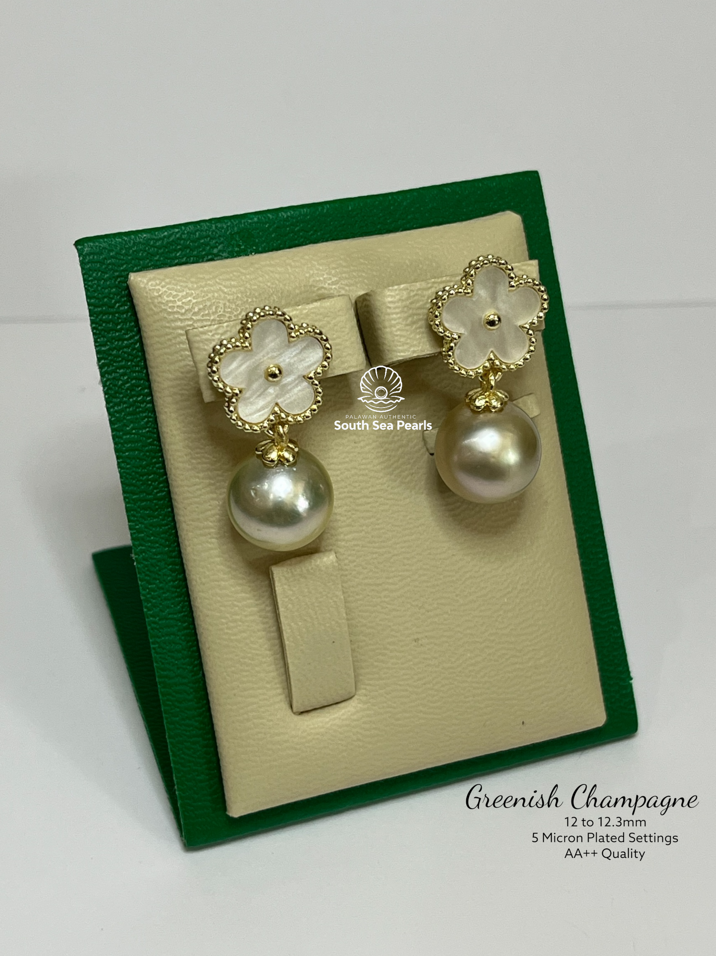12 to 12.3mm Palawan Authentic Greenish Champagne Color South Sea Pearl Earrings in 5 Micron Plated Settings